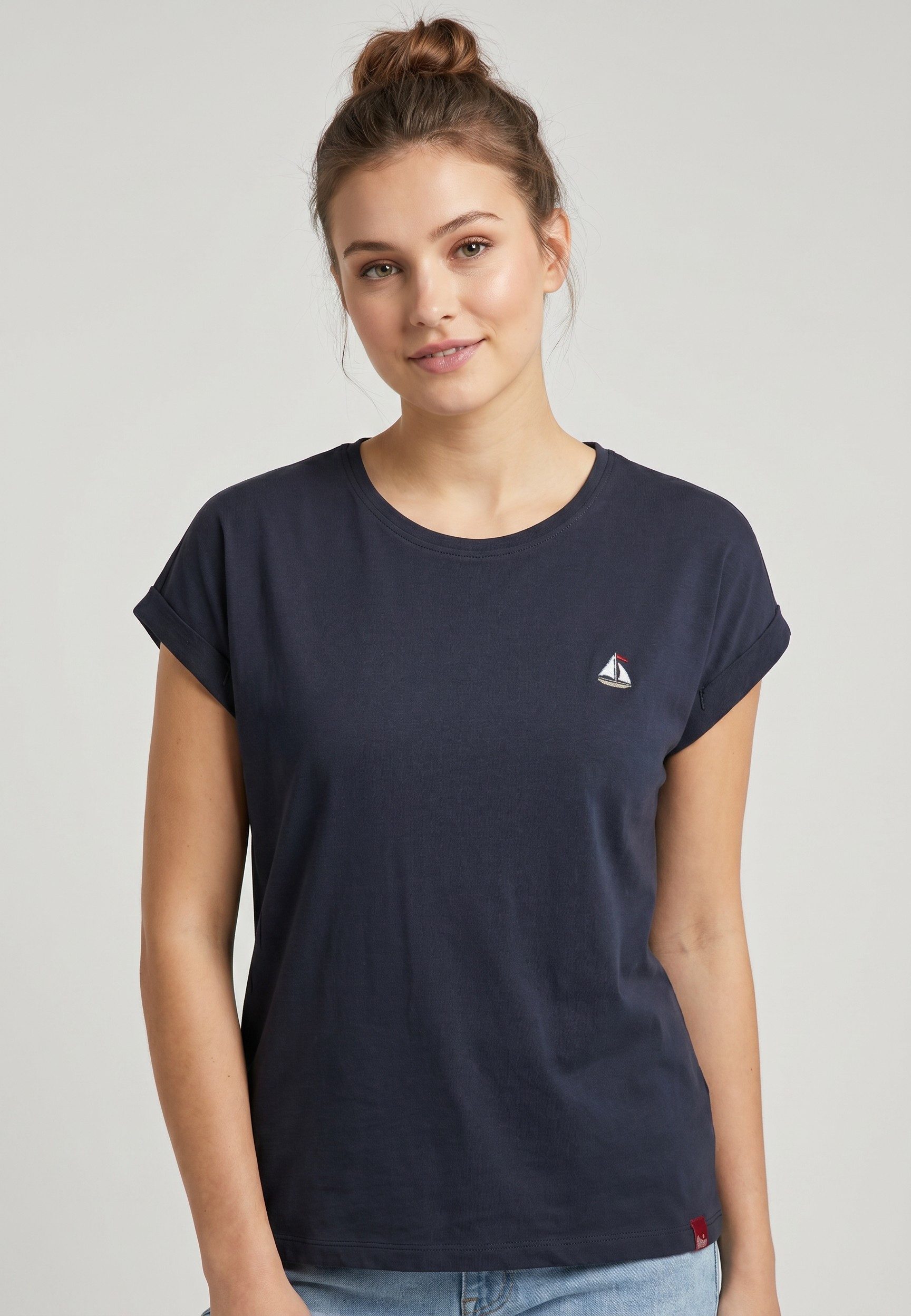 Eight2Nine T-Shirt Damen T-Shirt mit maritimer Stickerei Ärmel mit Aufschlag, Stickmotive: Muschel, Schiff, Hummer, Anker