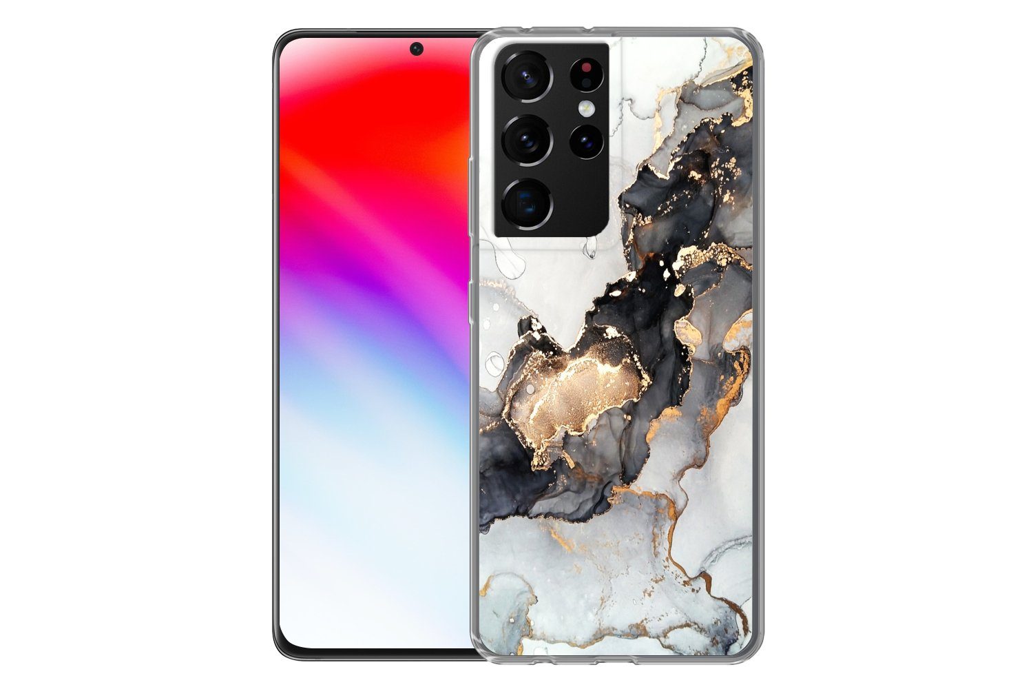 MuchoWow Handyhülle für Samsung Galaxy S21 Ultra Marmor - Schwarz - Weiß - Gold - Luxus -, Phone Case, Silikon, Schutzhülle Dünn