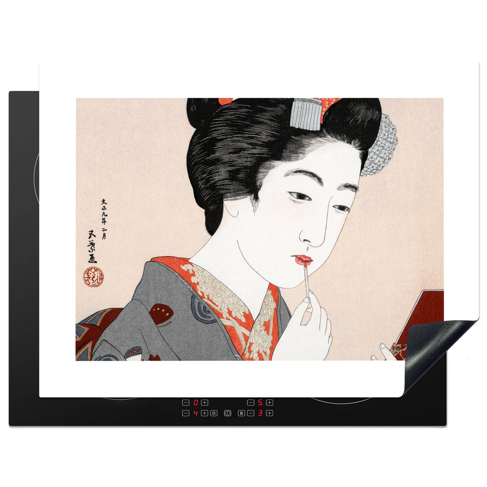 MuchoWow Herdblende-/Abdeckplatte Vintage - Japanisch - Frau - Make-up, Vinyl, (1 tlg), 77x59 cm, Ceranfeldabdeckung, Arbeitsplatte für küche