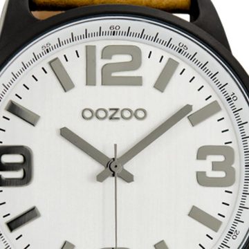 OOZOO Quarzuhr Oozoo Armbanduhr schwarz grau, Damen, Herrenuhr rund, extragroß (ca 48mm) Lederarmband, Fashion-Style
