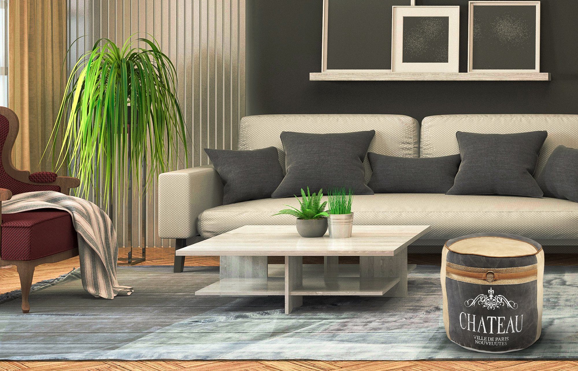 Kobolo Sitzwürfel Sitzpouf CHATEAU rund aus Canvas beige blau (1 Stück, Met günstig online kaufen