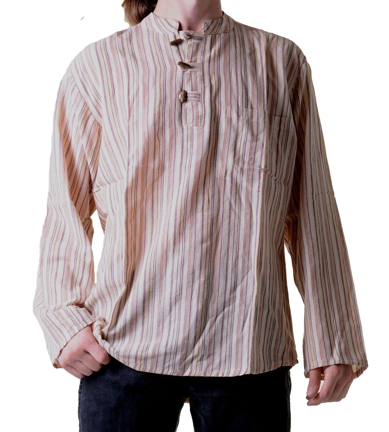 Langarmhemd Herren Fischerhemd Kurtha Gestreift Überzieher Hemd Poncho+telalter