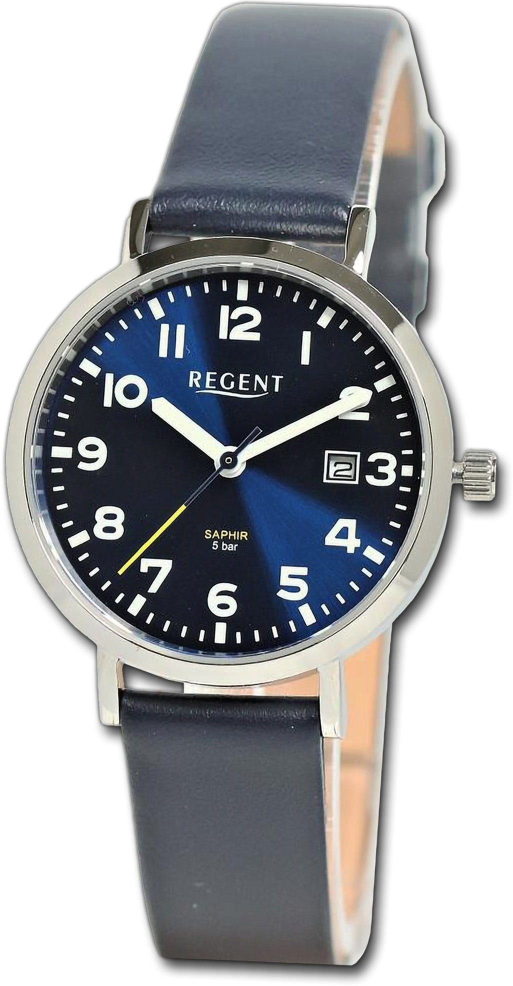 Regent Quarzuhr Regent Damen Armbanduhr Analog, Damenuhr Lederarmband dunkelblau, rundes Gehäuse, groß (ca. 31,3mm)