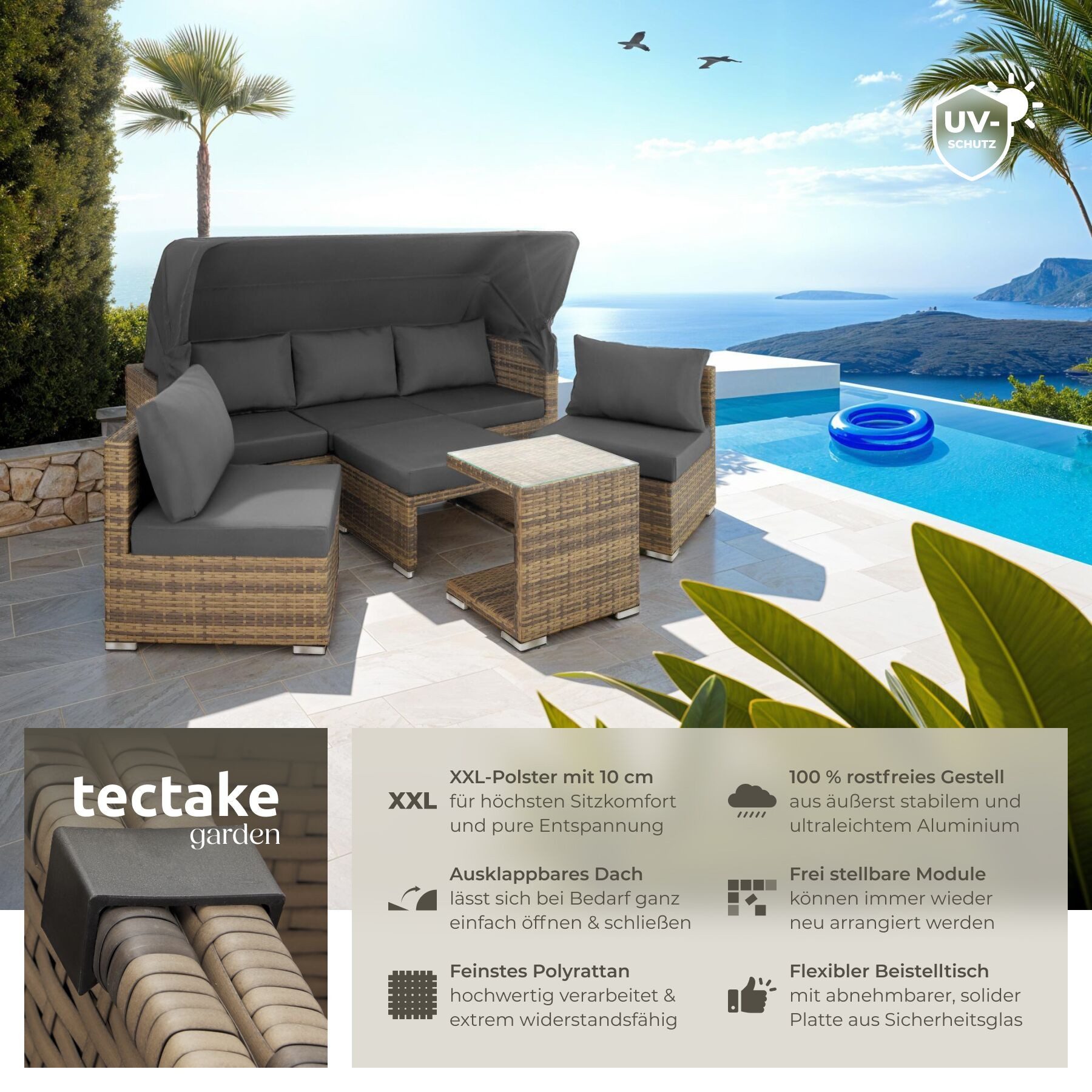 tectake Loungeset Rattan Sitzgruppe, Sicherheitsglasplatte, für 5 bis 6 Personen, (Gartenlounge-set San Marino, 7-tlg., geeignet für Outdoor in Natur), wetterfest und UV-beständig, Dicke der Polster 10 cm