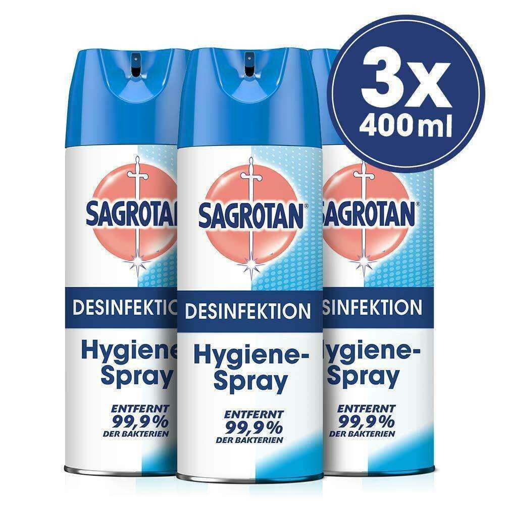 SAGROTAN Hygiene Spray (3 x 400 ml) Oberflächen-Desinfektionsmittel (Spar-Pack, [3-St. Toilette, Badezimmer Frisch)