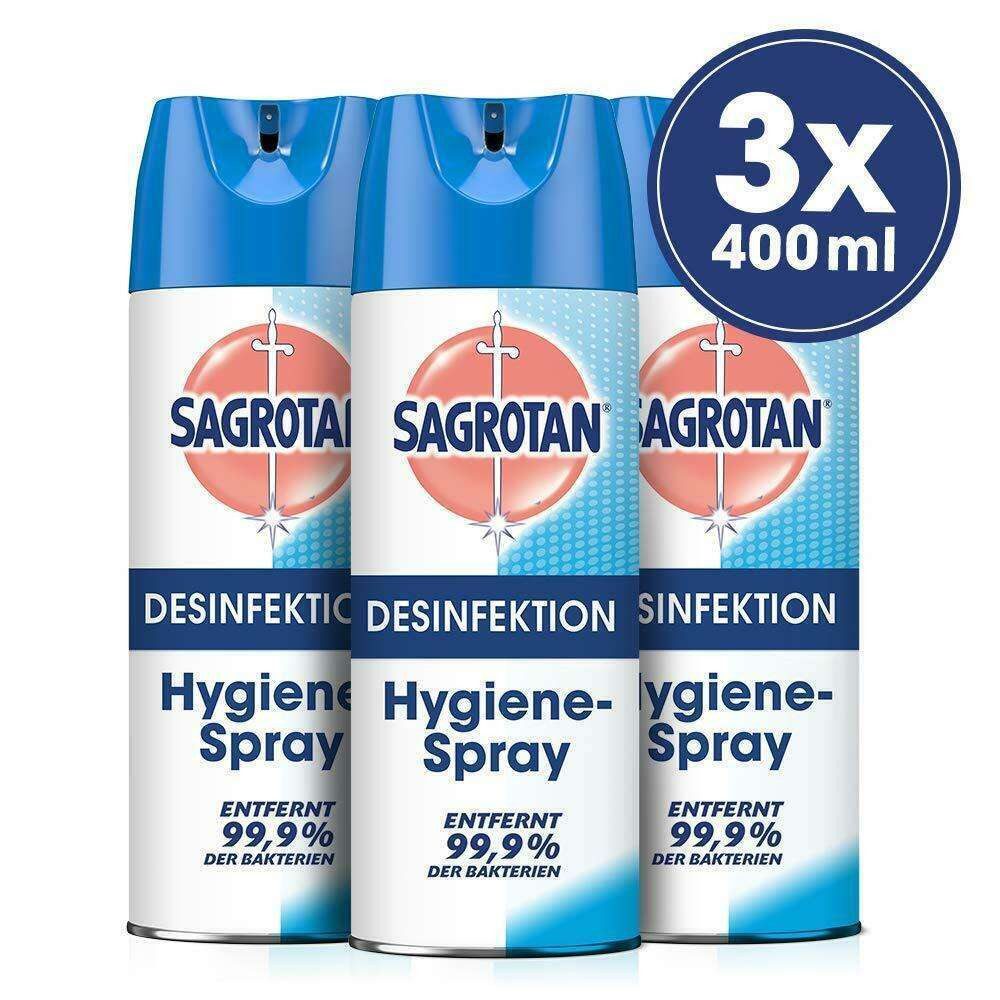 SAGROTAN Hygiene Spray Aerosol 3 x 400 ml Oberflächen-Desinfektionsmittel (Spar-Pack, [3-St. Ideal auch für Toilette & Bad)