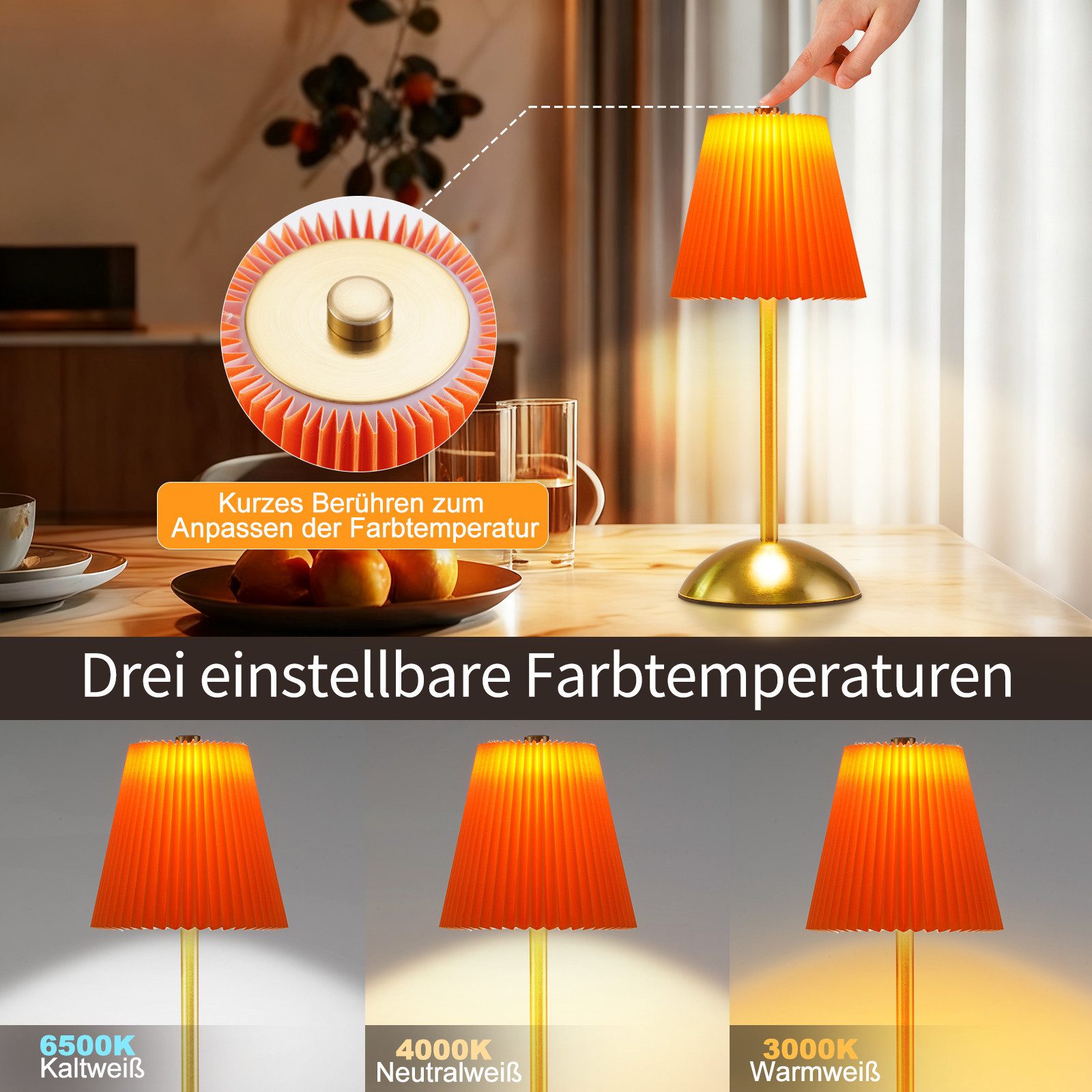 Nettlife LED Tischleuchte 2er Stoff Schwarz/Grün/Weiß/Orange/Graublau Nachttischleuchte, 3 Lichtfarben Akku-Betrieb USB-ladbar, Schlafzimmer Wohnzimmer Arbeitsz – Bild 5 von 5