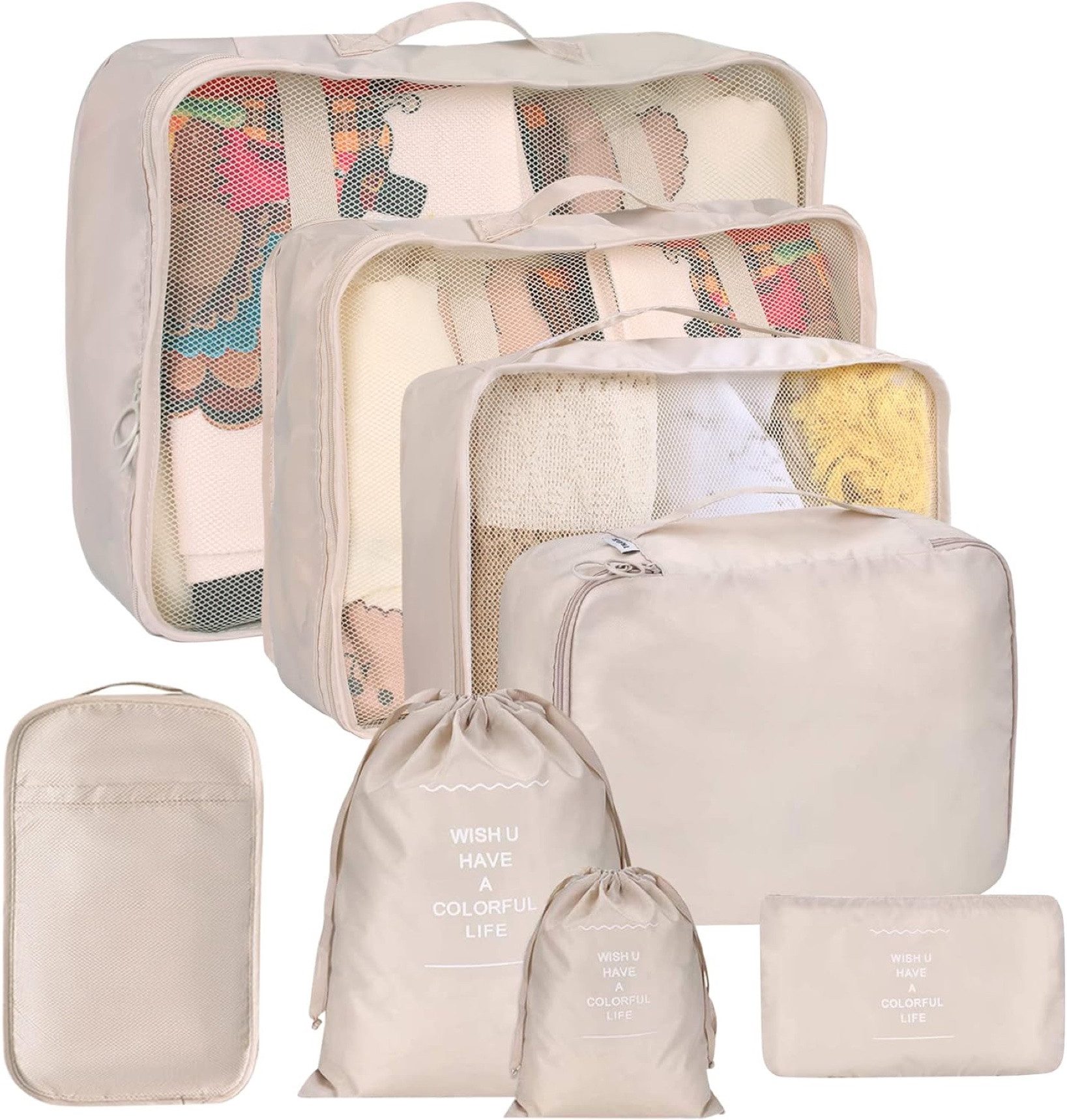 Travelfreund® Kofferorganizer 8er Set Kofferorganizer beige mit Kosmetiktasche und Packtaschen (Set, 8-tlg., 8x Packtaschen), Faltbar / Verstaubar / Wasserabweisend