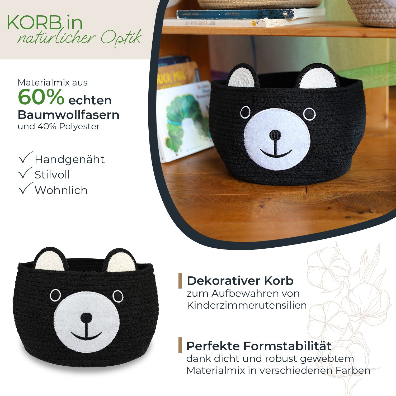 HMF Aufbewahrungskorb Aufbewahrungskorb mit versteckten Griffen, Korb für Kinderzimmer aus Baumwolle, Bär, Schwarz – Bild 2 von 5