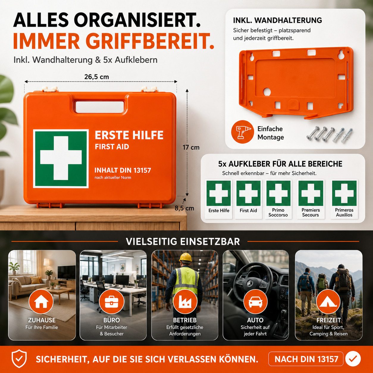 Praktikraft KFZ-Verbandtasche Erste Hilfe Koffer - DIN 13157 Kasten für Wand & Zuhause & Betrieb, (Set, 1 St)