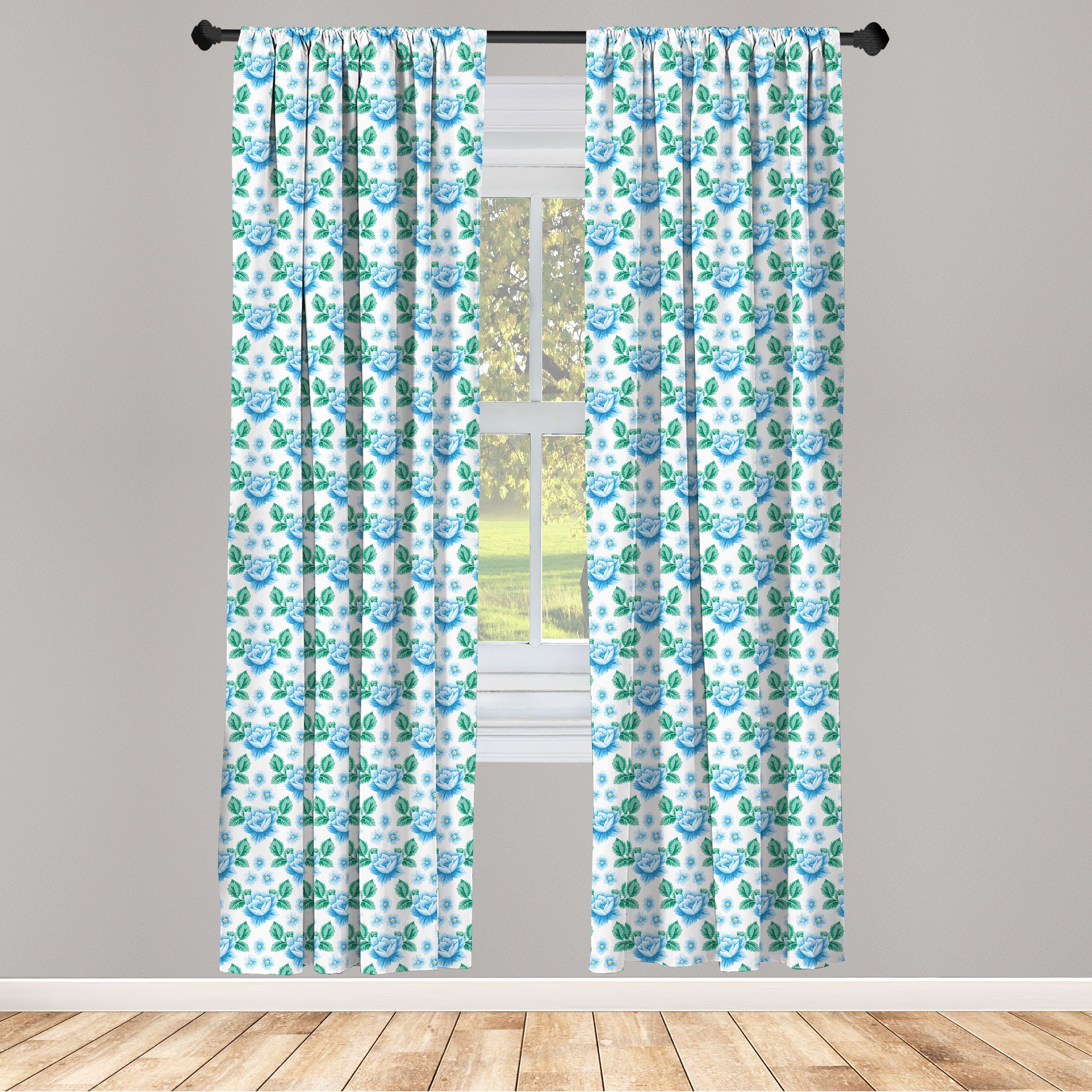 Gardine Vorhang für Wohnzimmer Schlafzimmer Dekor, Abakuhaus, Microfaser, Rose Vintage Blaue Blüten Botanik
