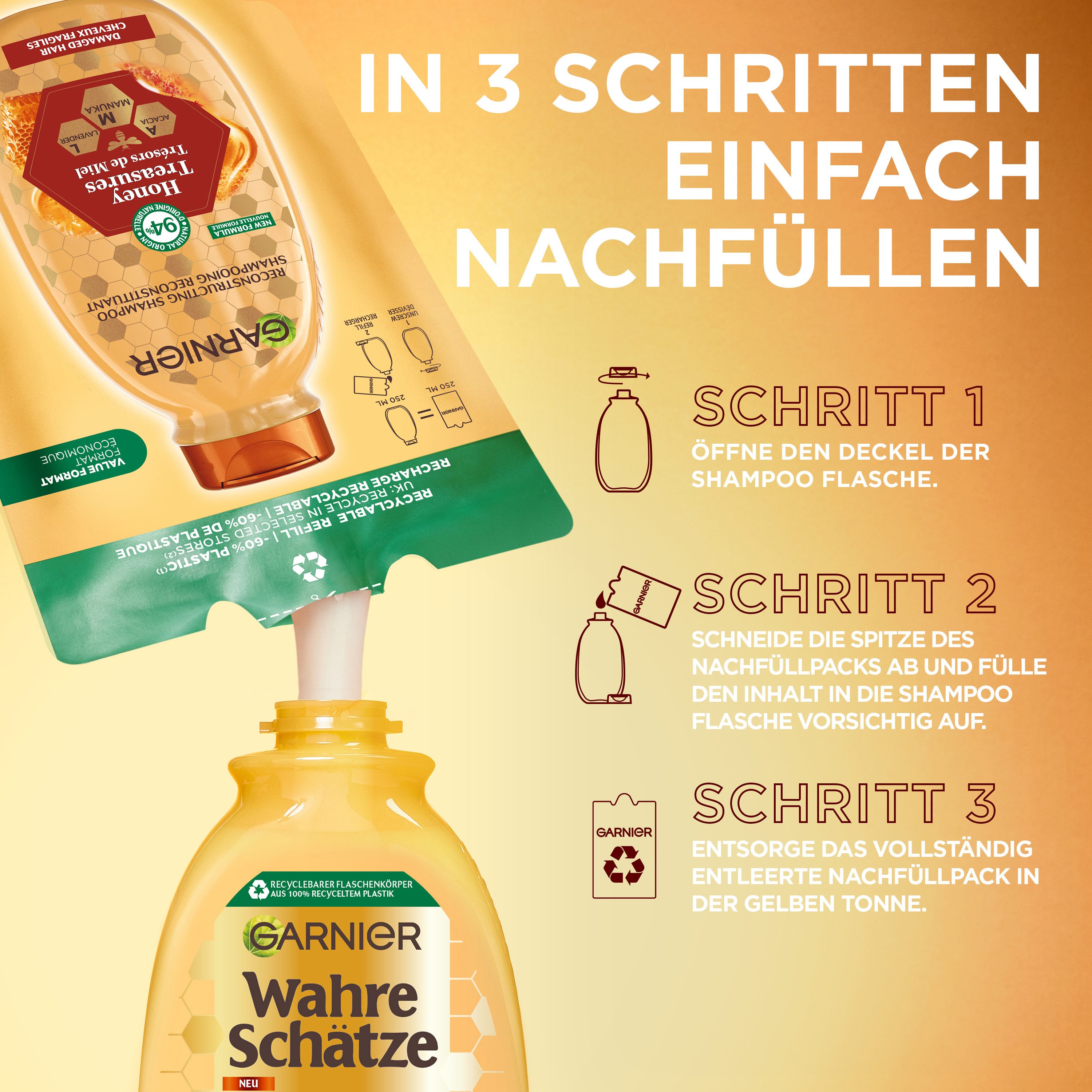 GARNIER Haarshampoo WAHRE SCHÄTZE HONIG NACHFÜLLPACK, Packung, 6-tlg., Für alle Haartypen, mit Honig, Aloe Vera und Jojoba-Estern