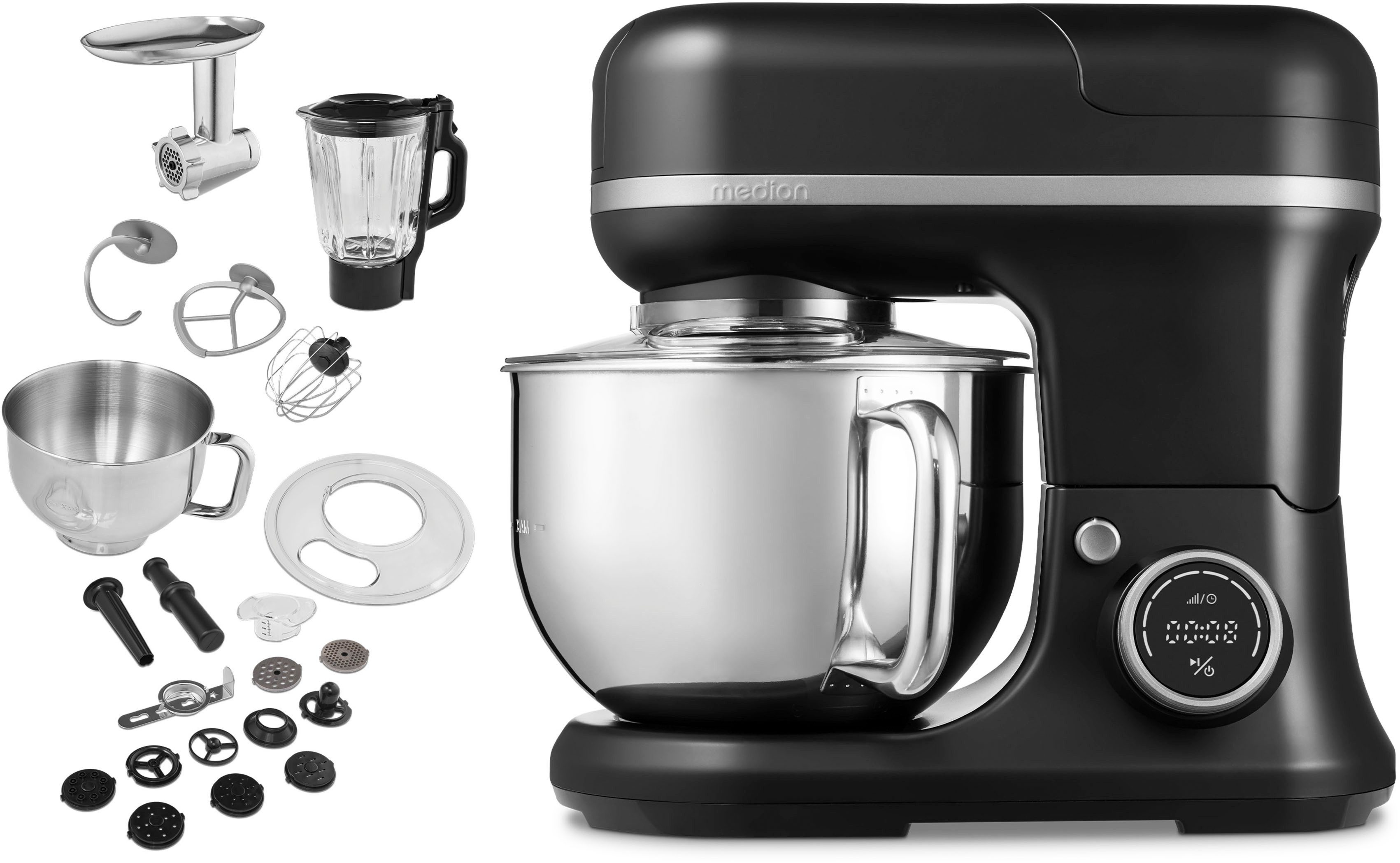 Medion® Küchenmaschine MD 18430, 1200 W, 5 l Schüssel, Mit umfangreichem Zubehör-Set, Mixeraufsatz, Fleischwolf-Aufsatz