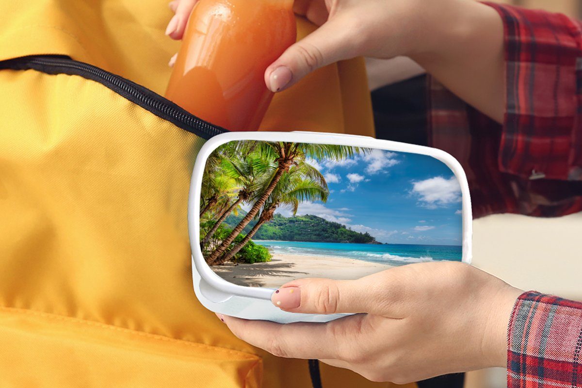 MuchoWow Lunchbox und Brotbox für und - - Kunststoff, Mädchen Jungs Urlaub, Meer Kinder Erwachsene, Strand weiß (2-tlg), für Insel Brotdose, 