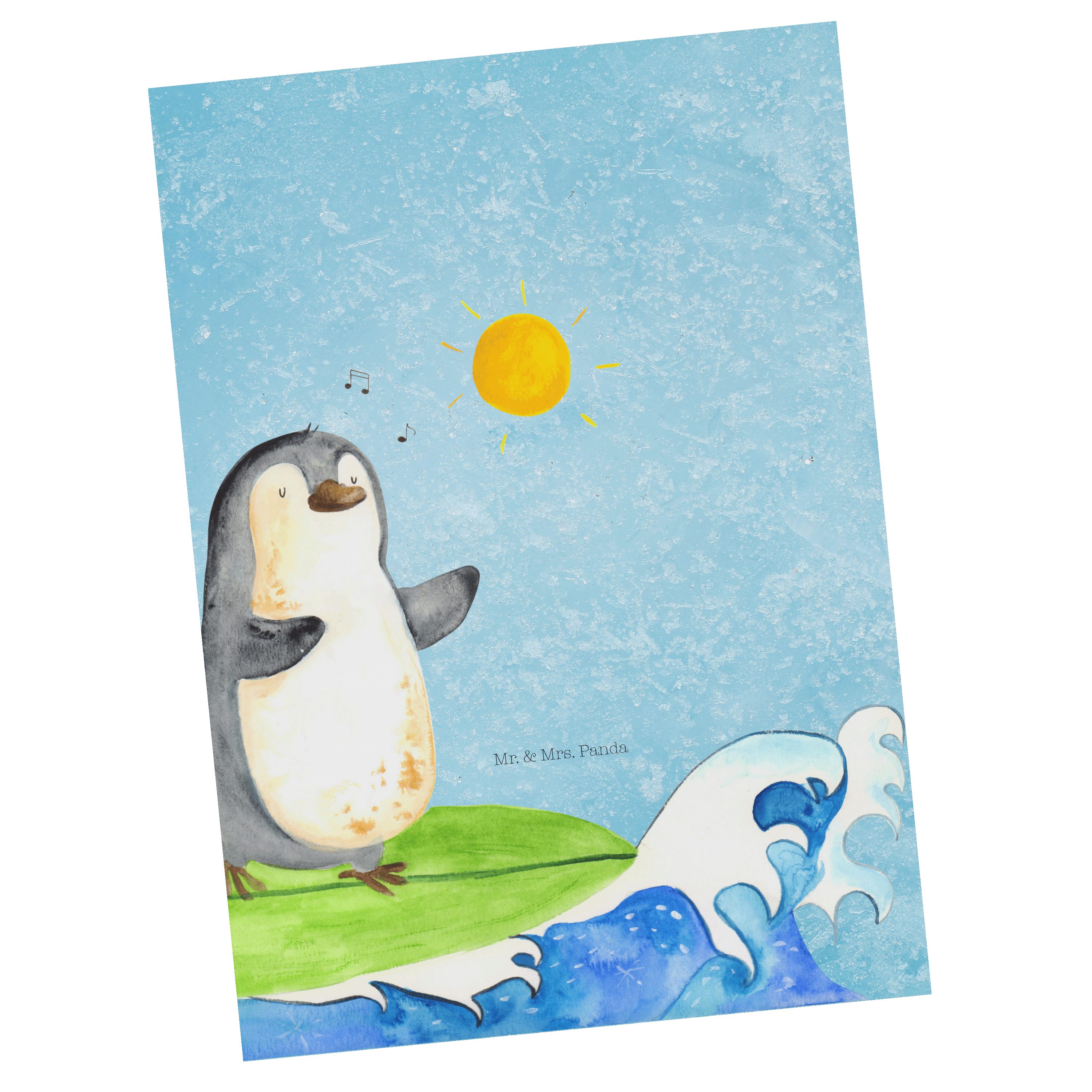 Mr. & Mrs. Panda Postkarte Pinguin Surfer - Eisblau - Geschenk, Geschenkkarte, Ansichtskarte, Da