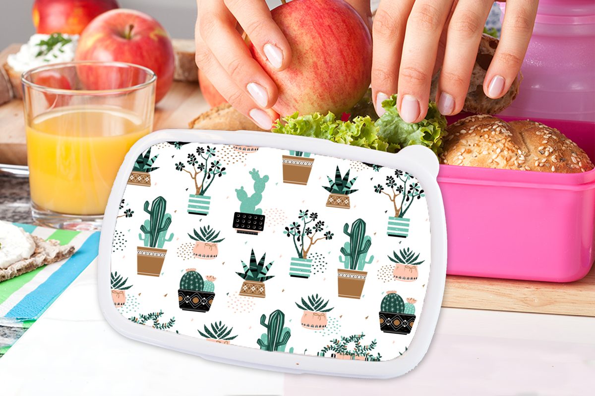 MuchoWow Lunchbox Muster - Kaktus Pflanzen, für Erwachsene, - Brotdose Snackbox, Kunststoff (2-tlg), Brotbox rosa Kunststoff, Kinder, Mädchen