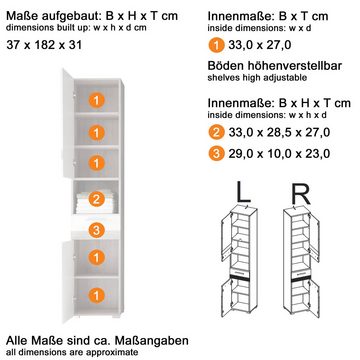 Lomadox Badmöbel-Set ODRA-19, (Spar-Set, 3-St), Weiß Hochglanz mit Eiche San Remo hell Nb. 110/182/34 cm