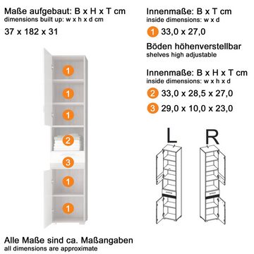 Lomadox Badmöbel-Set ODRA-19, (Spar-Set, 4-St), Weiß Hochglanz mit Eiche San Remo hell Nb. 159/182/34 cm