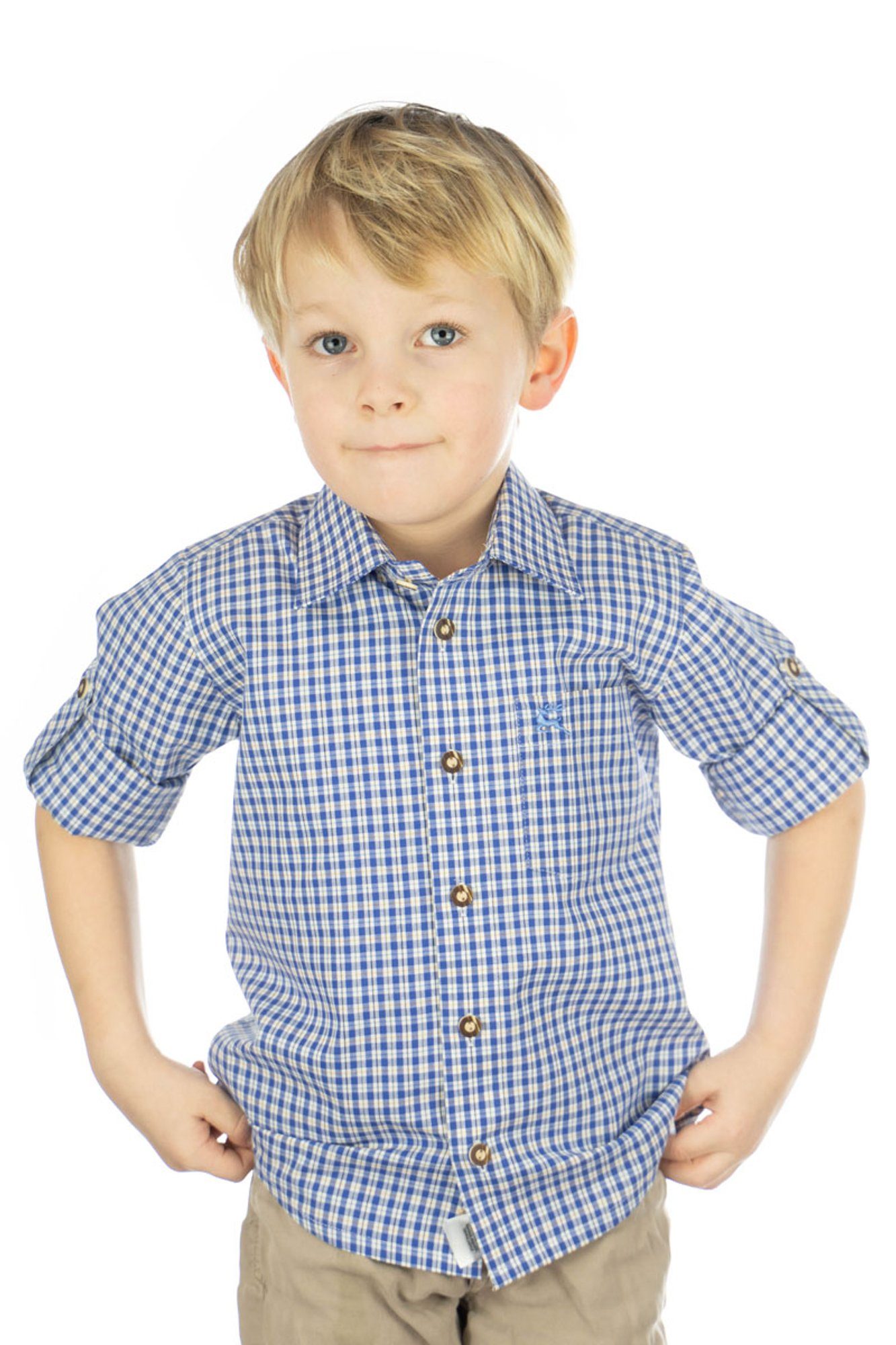 OS-Trachten Trachtenhemd Slamo Jungen Langarmhemd mit aufgesetzter Brusttasche mit Hirsch-Stickerei kornblau