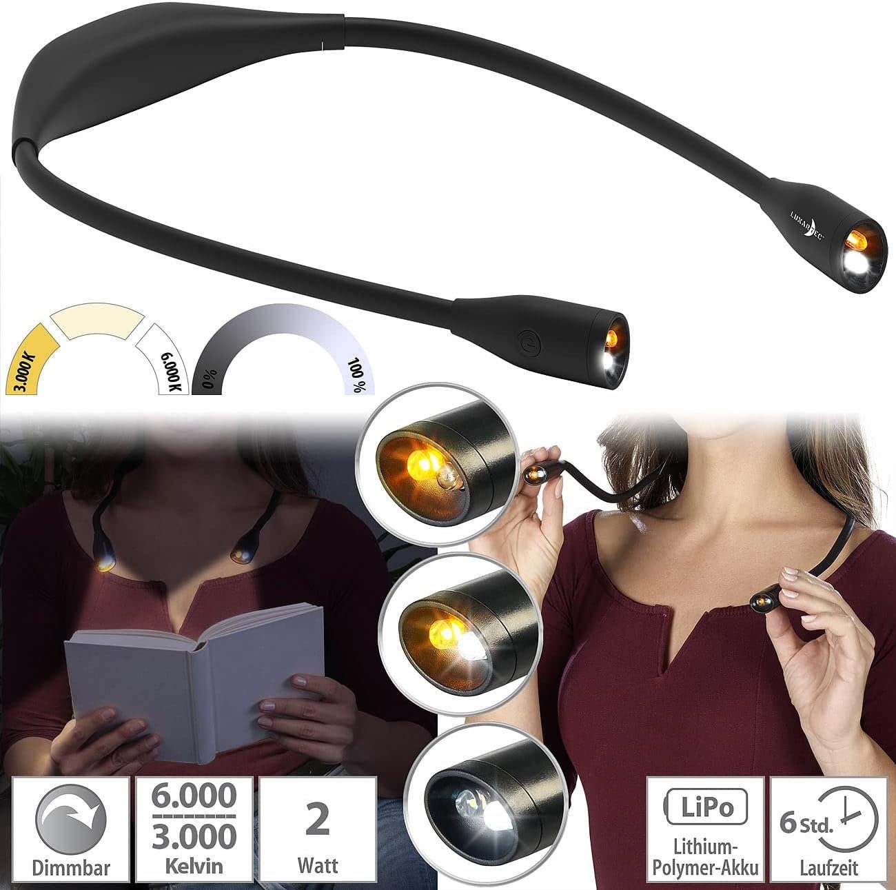 Lunartec LED Leselampe LED-Leseleuchte zum Umhängen Leselampe 6 Std Akku dimmbar 2W Leselicht