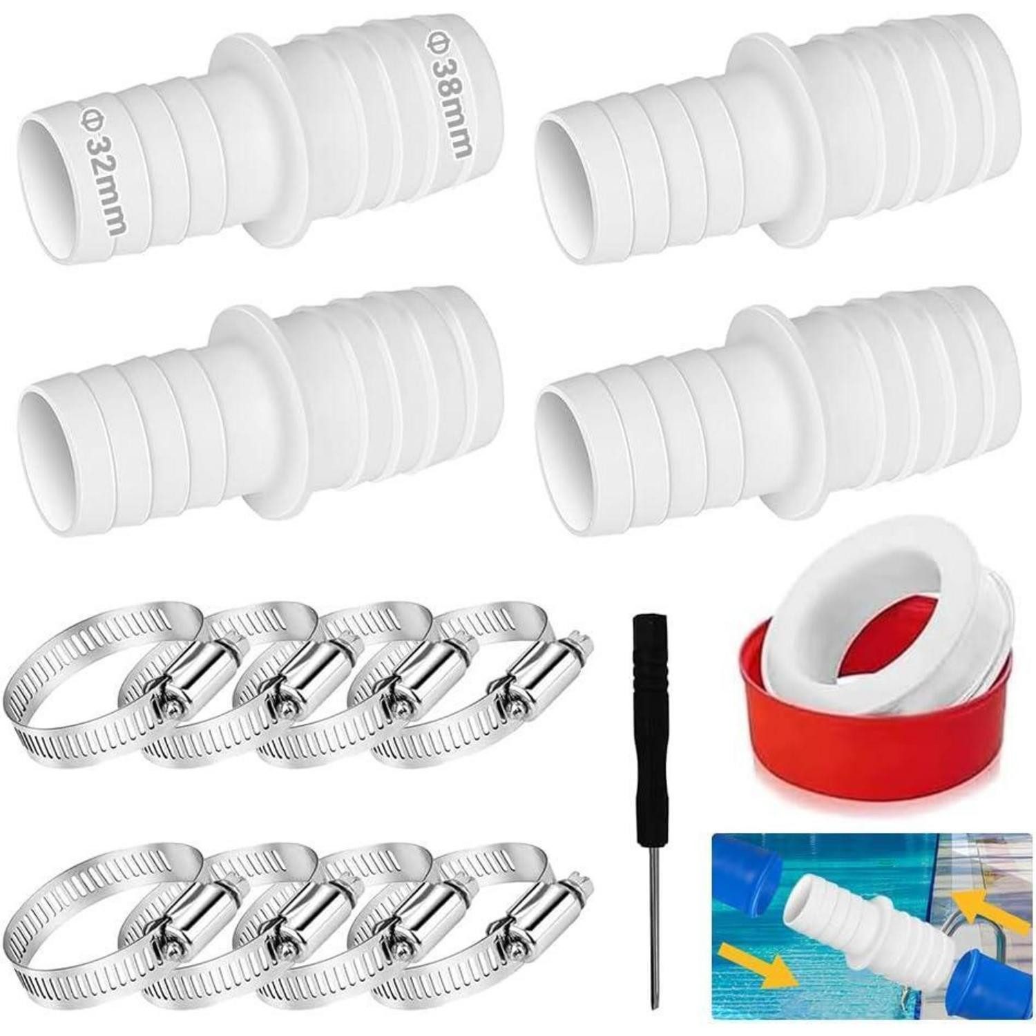 LuxusKollektion Entwässerungsrinne Poolschlauch Adapter 32mm 38mm 4PCS Schlauchschellen Weiß D