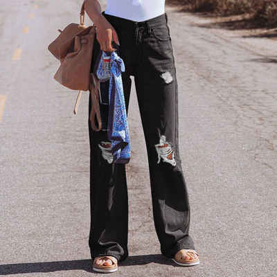 RUZU UG Straight-Jeans Jeans, stylische Hosen, mittlerer Bund, schwarze, zerrissene Löcher