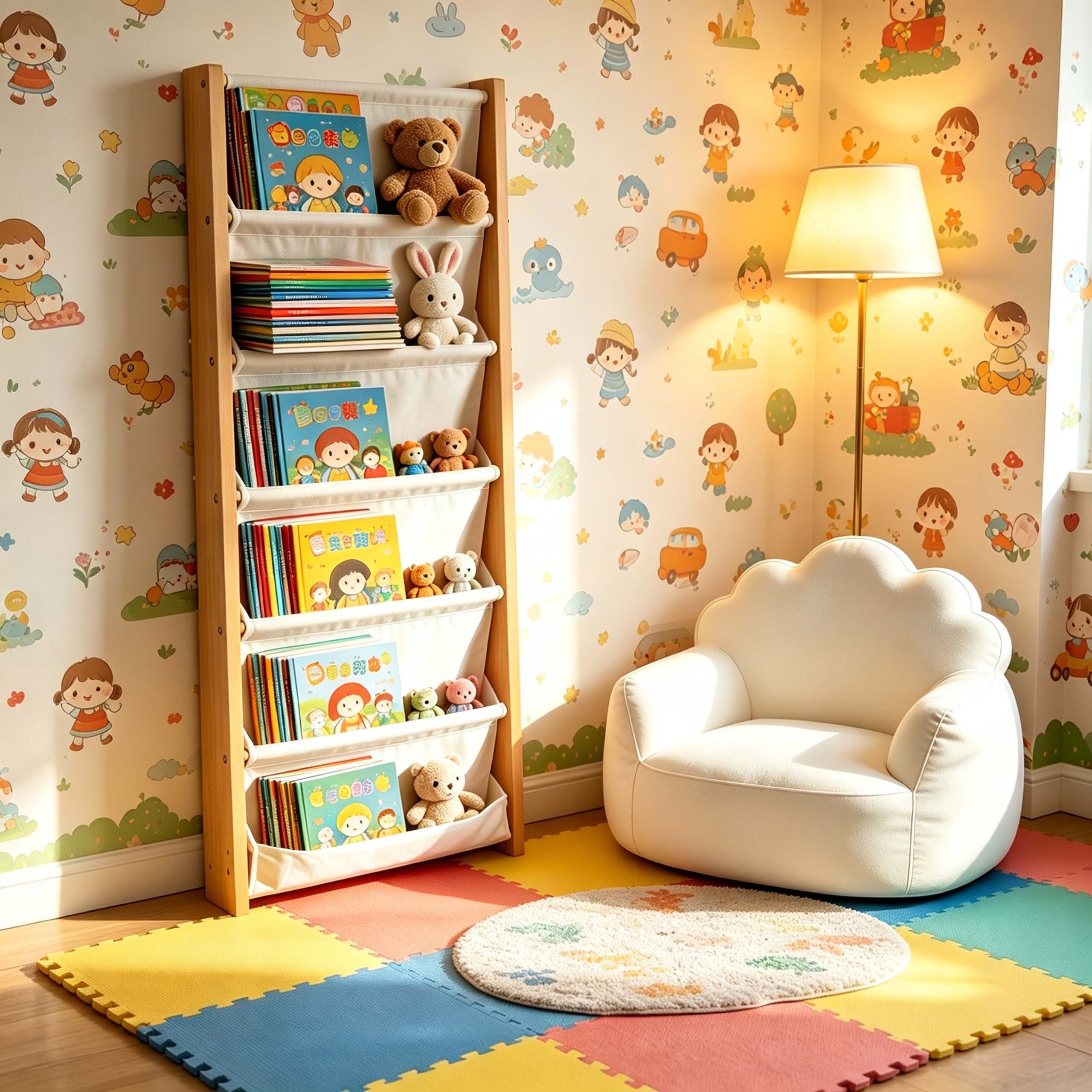 relaxdays Kinderregal Bücherregal Kinder mit Stofftaschen Wand, 1-tlg., 6 – Bild 3 von 5