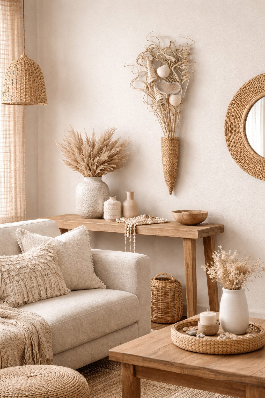 Trockenblume Grabstrauß BOHO Style Smart Curly white wash 66cm Exoten Grabdeko, finehomegarden, Höhe 66 cm, Grabgestecke Alleheiligen Totensontag Trockenstrauß