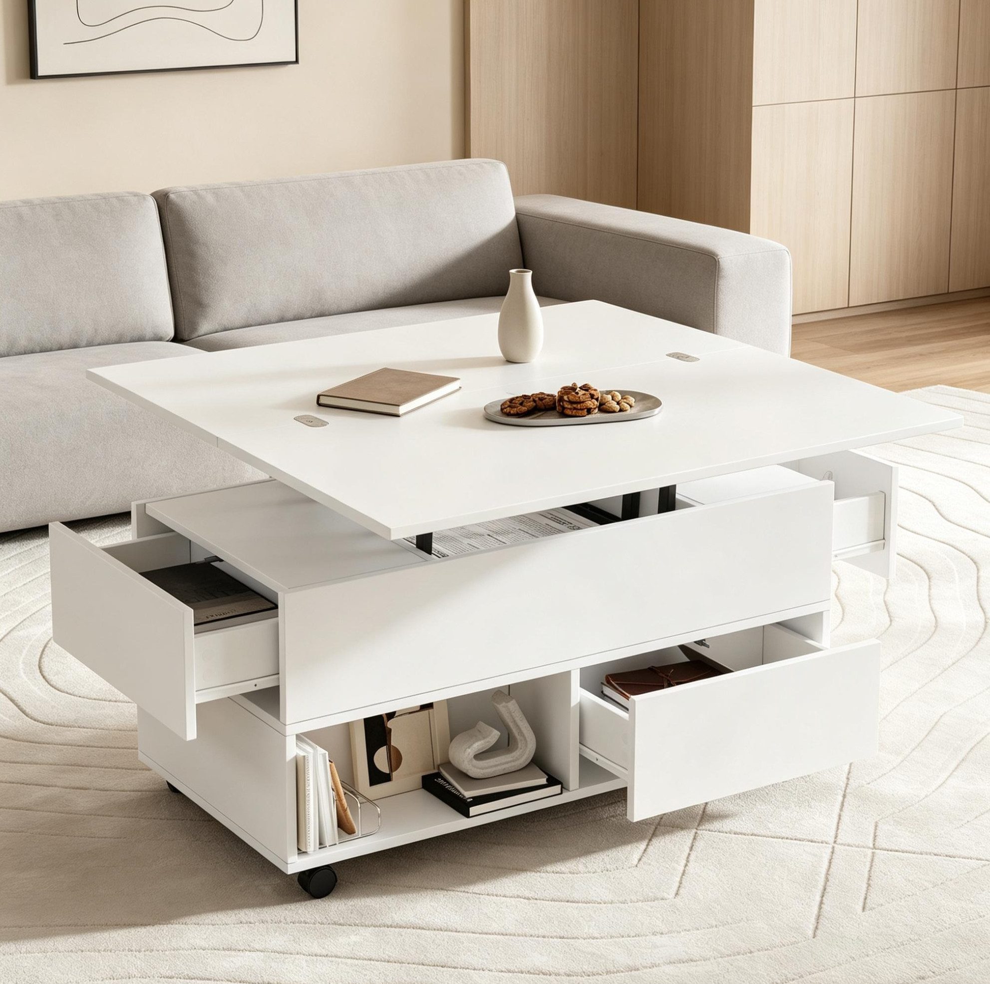 MODFU Couchtisch Multifunktionstisch mit 4 Schubladen & Rollen (Packung, 1-St., Weiß, 100×50×52 cm, für Wohnzimmer & Homeoffice), höhenverstellbar, 50 kg Tragkraft, Spanplatte
