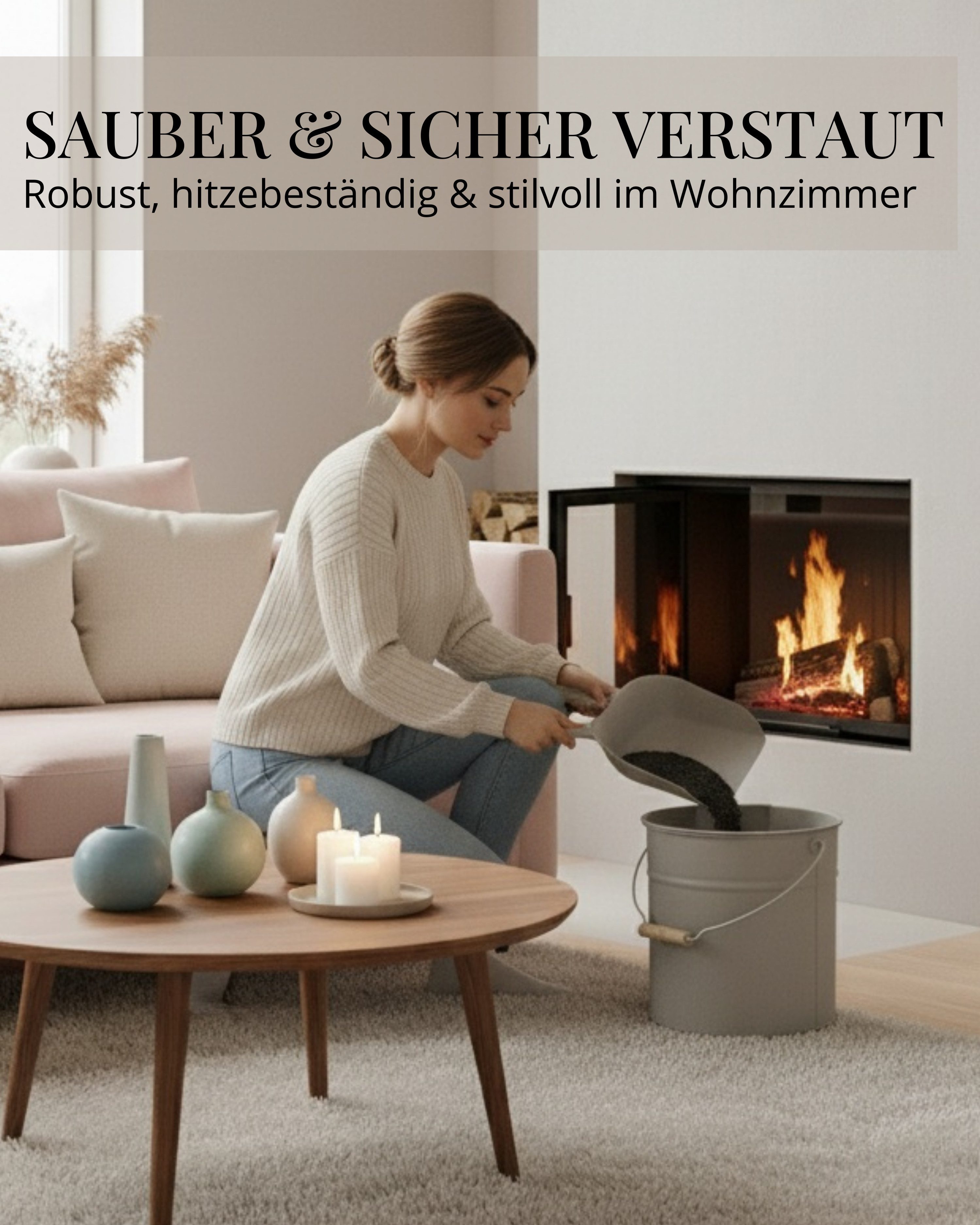 LIVLIG Aschekasten Ascheeimer mit Deckel, Metalleimer, 12L, Matte Pulverbeschichtung, Made in Europe, Deckel mit Holzgriff