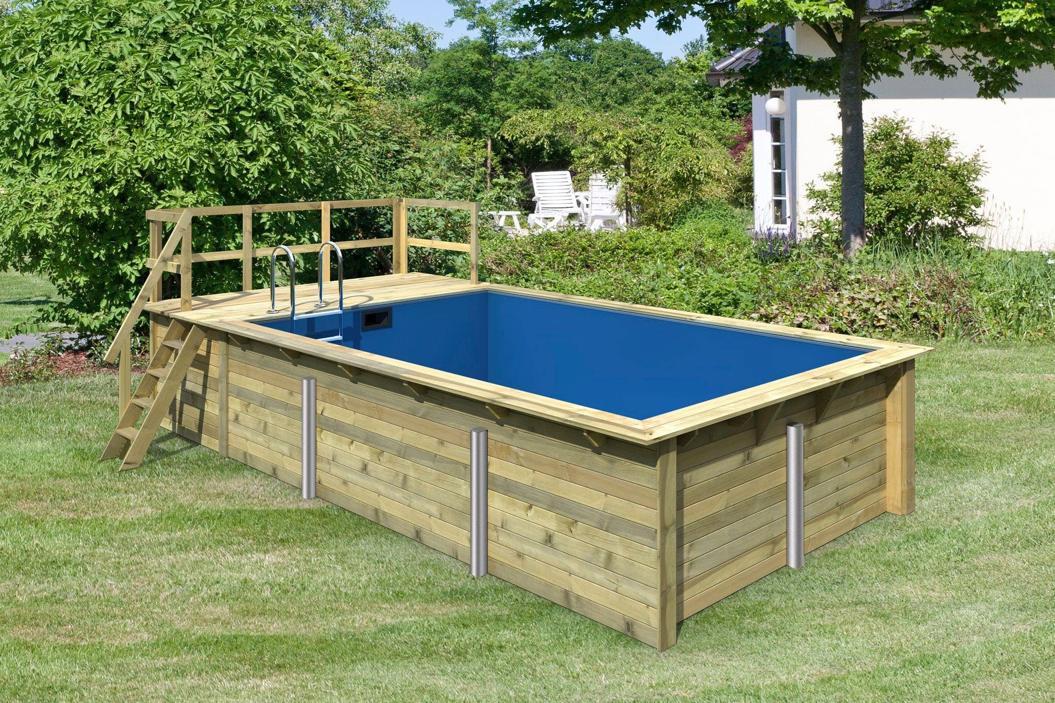 Karibu Rechteckpool Malta A BxLxH: 353x530x124 cm mit Sonnendeck (Set, 7-tlg), 44 mm starke kesseldruckimprägnierte Holzbohlen aus Fichtenholz