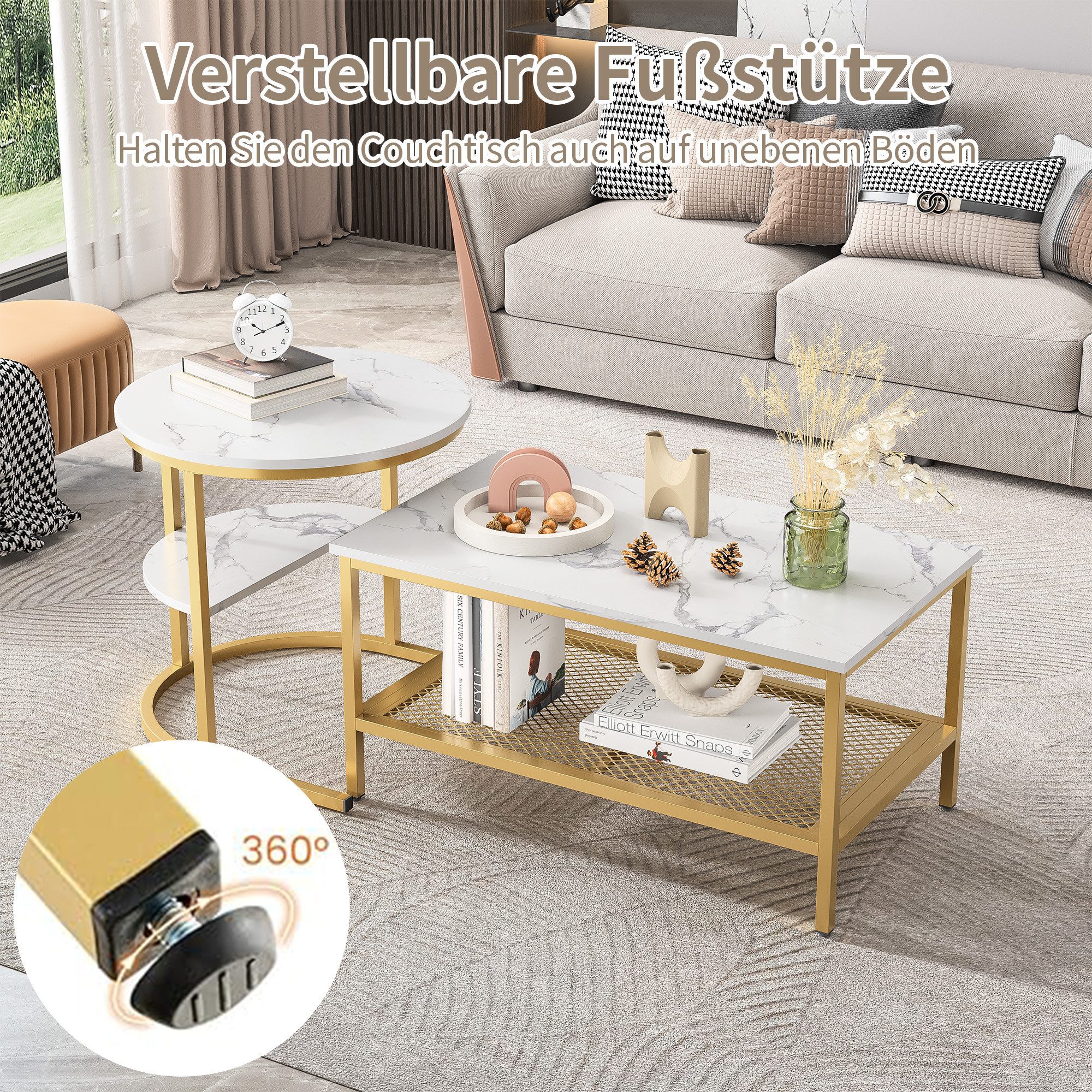 Furnishings Home Couchtisch rund Kaffeetisch Beistelltisch Satztische 2er Set, Große Werbung (2-St., Zweiteiliges Set), 2tlg. mit Marmormuster 80x46cm+52x51cm – Bild 5 von 5