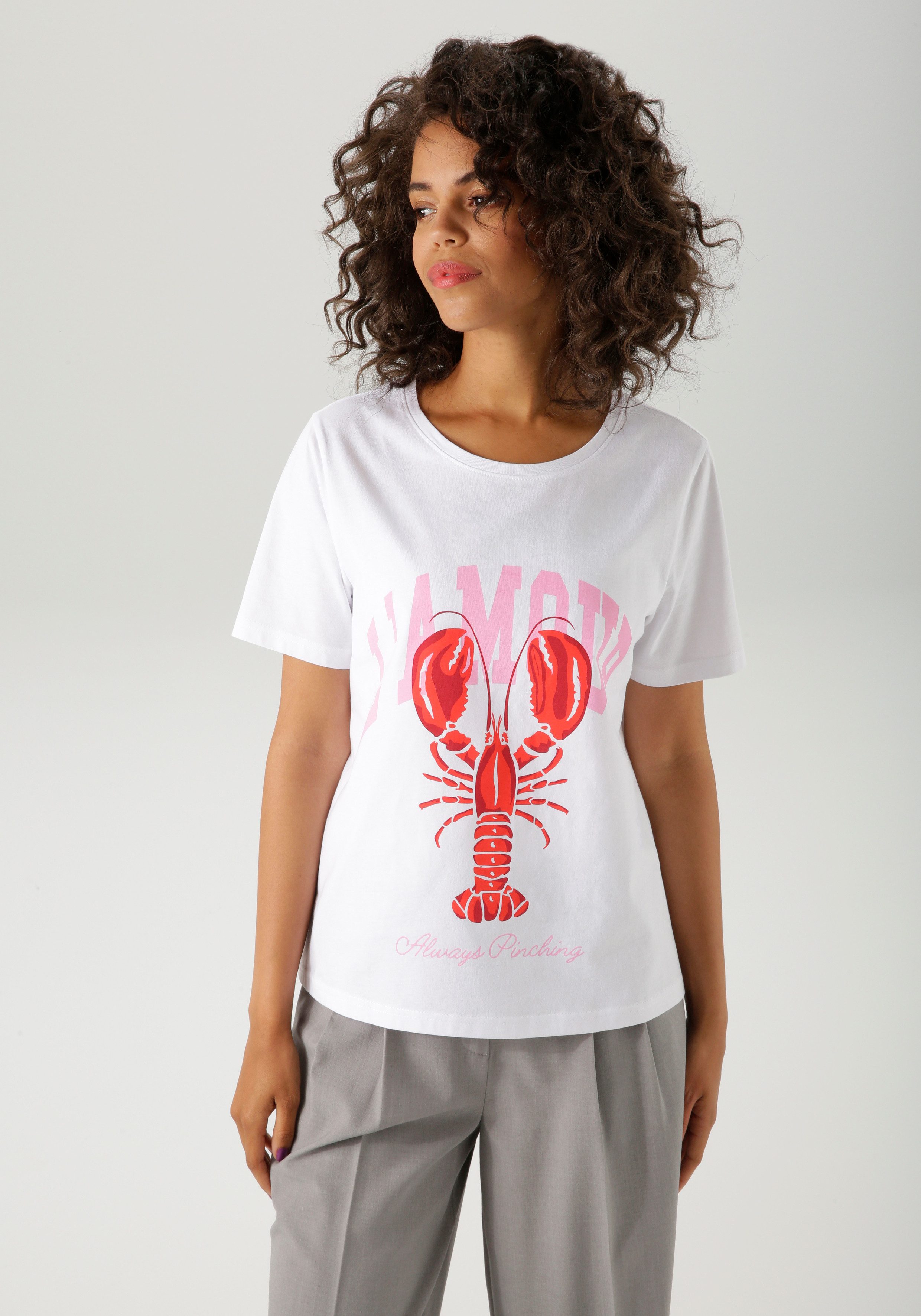Aniston CASUAL T-Shirt mit Krebs und Schriftzügen bedruckt günstig online kaufen