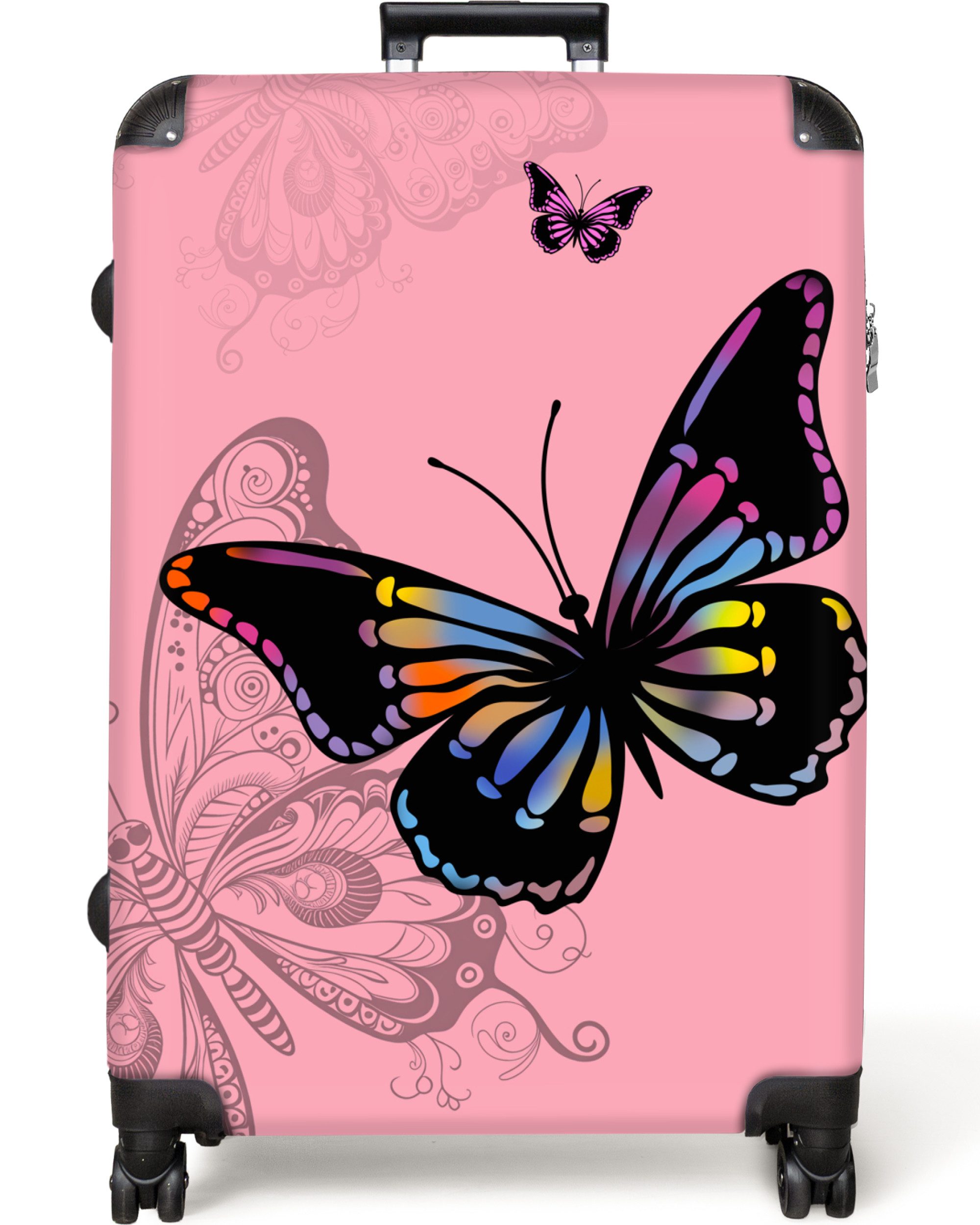 NoBoringSuitcases.com© Kinderkoffer Schmetterling - Regenbogen - Rosa - Design 77 cm - 98 L, 8 Rollen, Koffer Groß für 30kg, Trolley, Rollkoffer, Reisekoffer