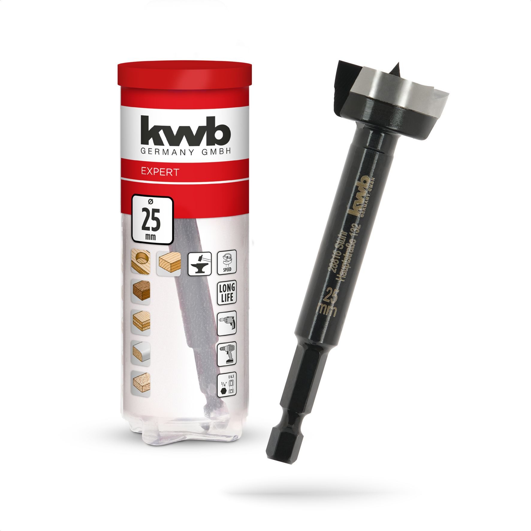 kwb Bohrer- und Bit-Set, Forstnerbohrer 1/4" E 6.3 Schaft, Ø25mm (4-seitig geschliffene Zentrie