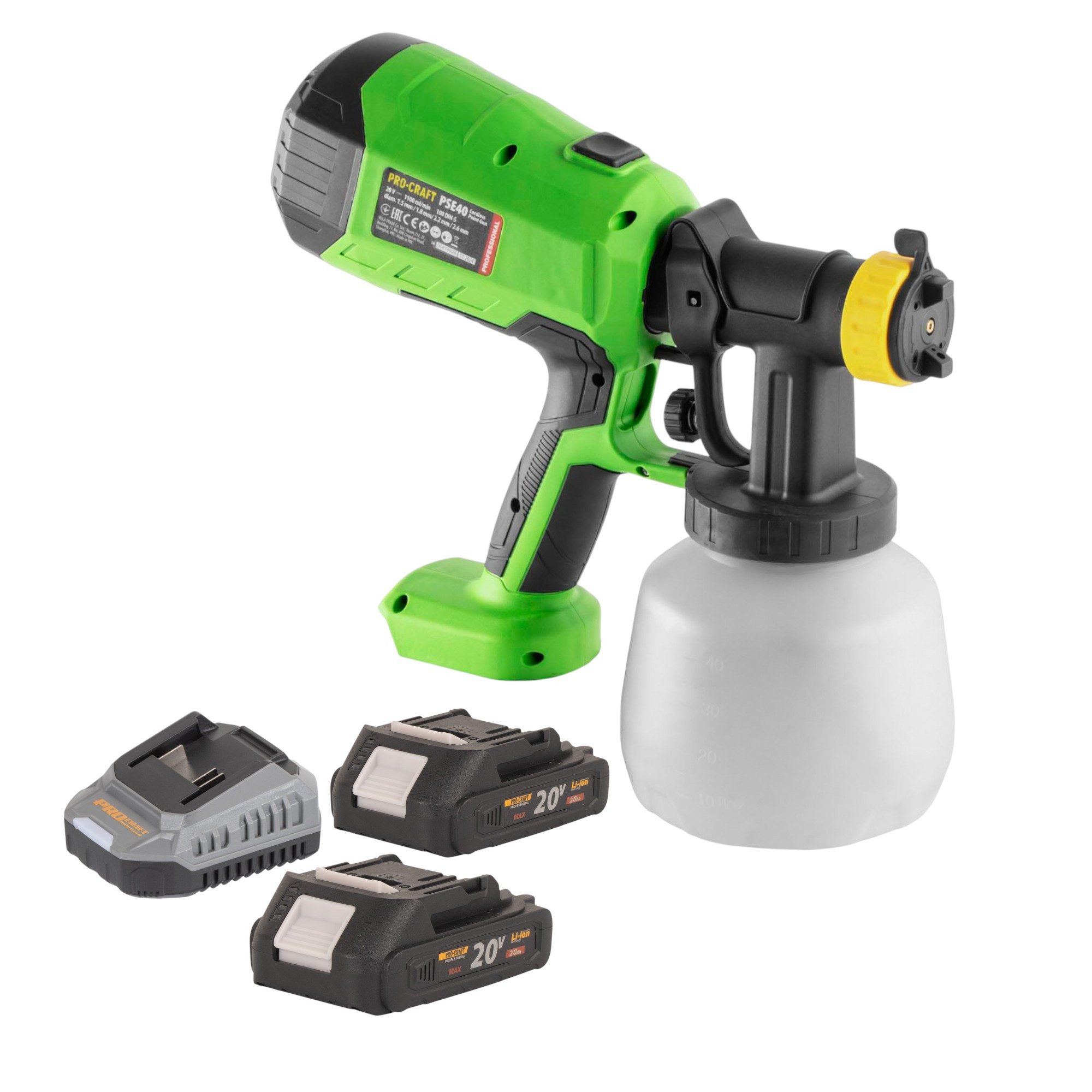 PRO CRAFT Farbsprühgerät PSE40bb Akku Farbspritzpistole 20 V + 2x Akku 2,0 Ah + Ladegerät