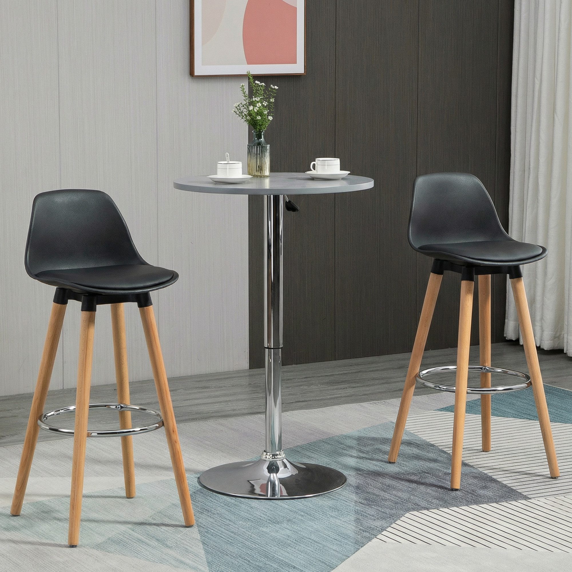 HOMCOM Barhocker 2er-Set Küchenhocker, Barstuhl mit Fußstützen (Tresenstuhl, 2 St., Küchenstuhl), für Küche, Wohnzimmer, Esszimmer, Kunstleder, Schwarz