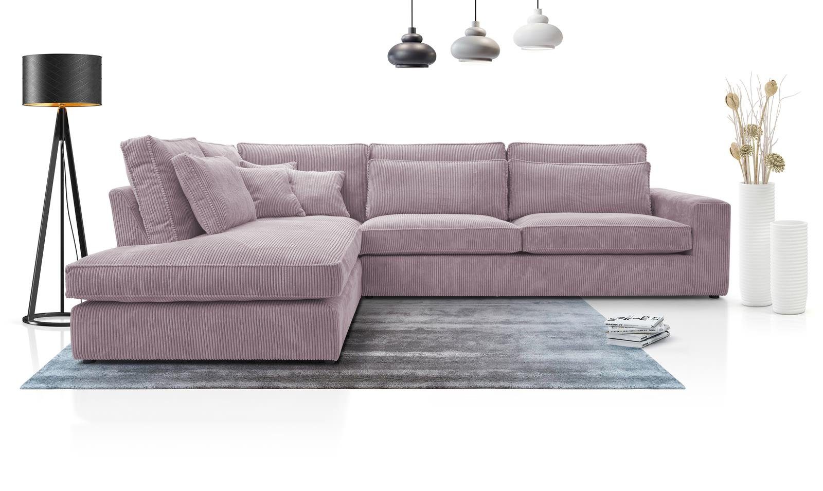 Beautysofa Ecksofa PARMA, im modernes Design, klassische Polsterecke inklusive Wellenfedern, große l-förmig Ecke, Wohnzimmersofa aus Velours Rosa (lincoln 61)