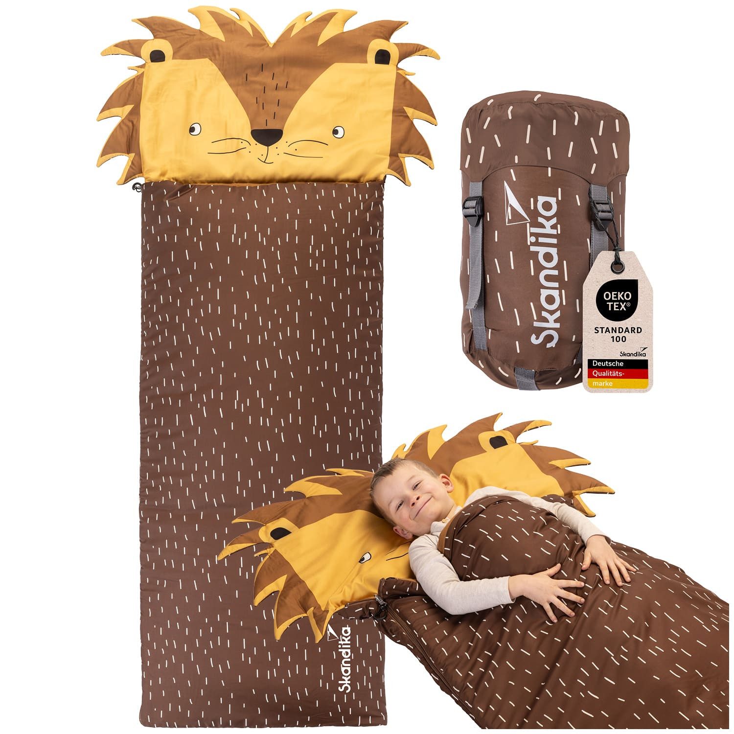 Skandika Schlafsack Soti, Schlafsack für Kinder bis 150 cm, buntes Design Löwe, mit Baumwolle, maschinenwaschbar, Kinderschlafsäcke, Kuschelschlafsack