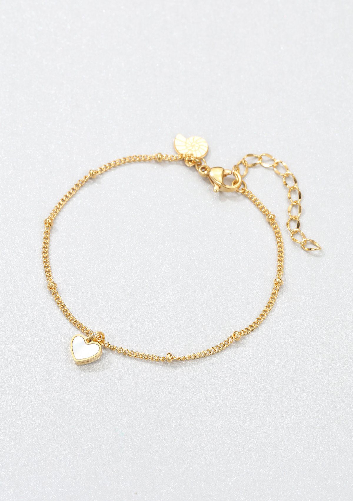 Hey Happiness Charm-Armband Perlmutt Herz, Damen Herz Muschelschale Armkette, wasserfest