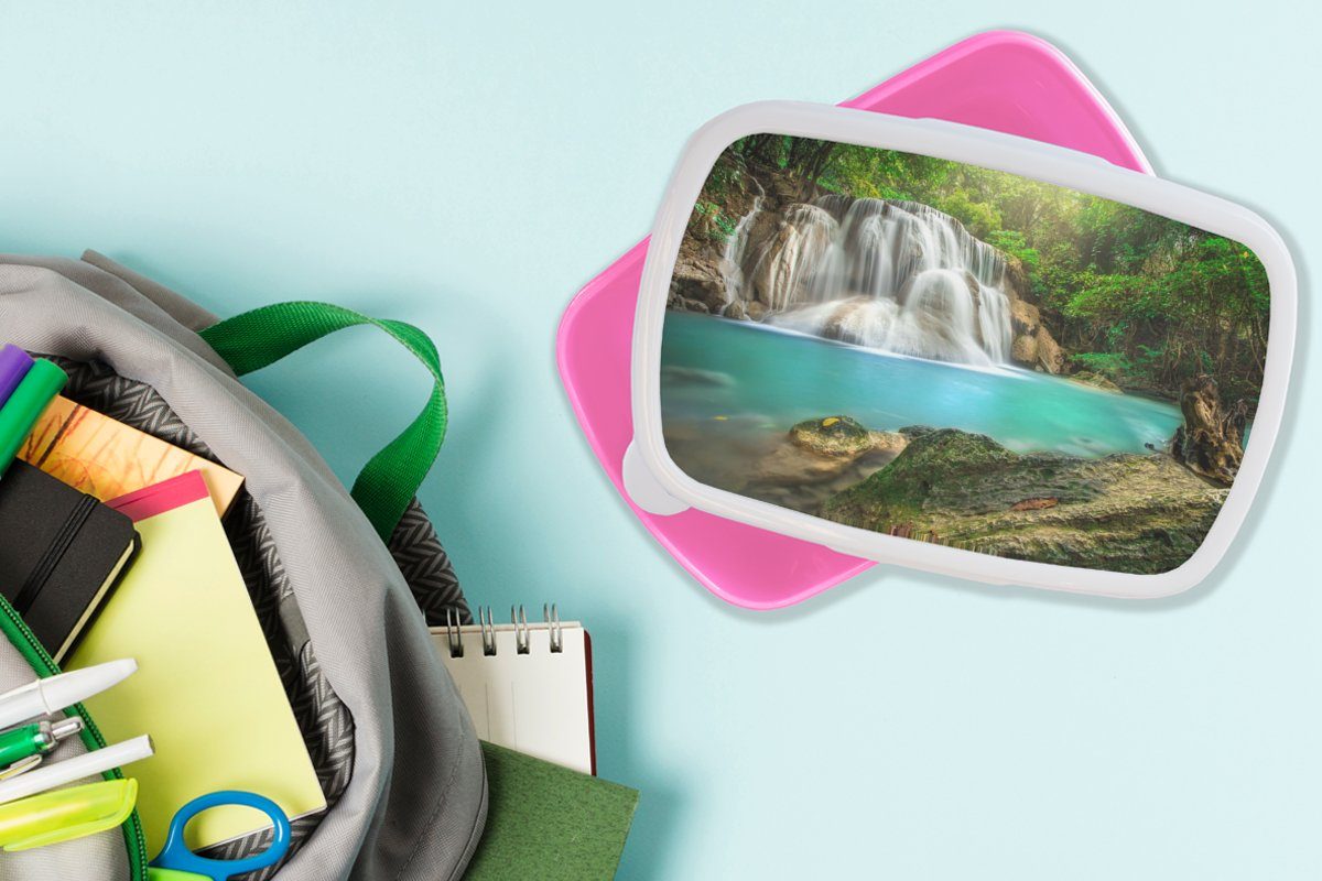 Kunststoff Mädchen, Brotdose (2-tlg), Brotbox Kinder, - Lunchbox Kunststoff, Natur, Snackbox, MuchoWow - Erwachsene, für Wald rosa Wasserfall