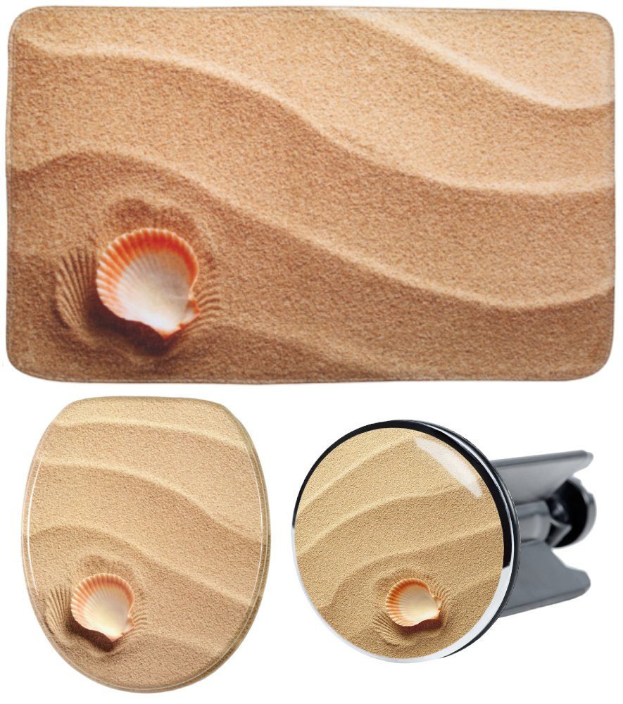 Sanilo Badaccessoire-Set 3-teilig Clam, WC-Sitz mit Absenkautomatik, Badteppich 70 x 110 cm, Waschbeckenstöpsel, 3 tlg., hochwertig & modern, universell, leichte Montage