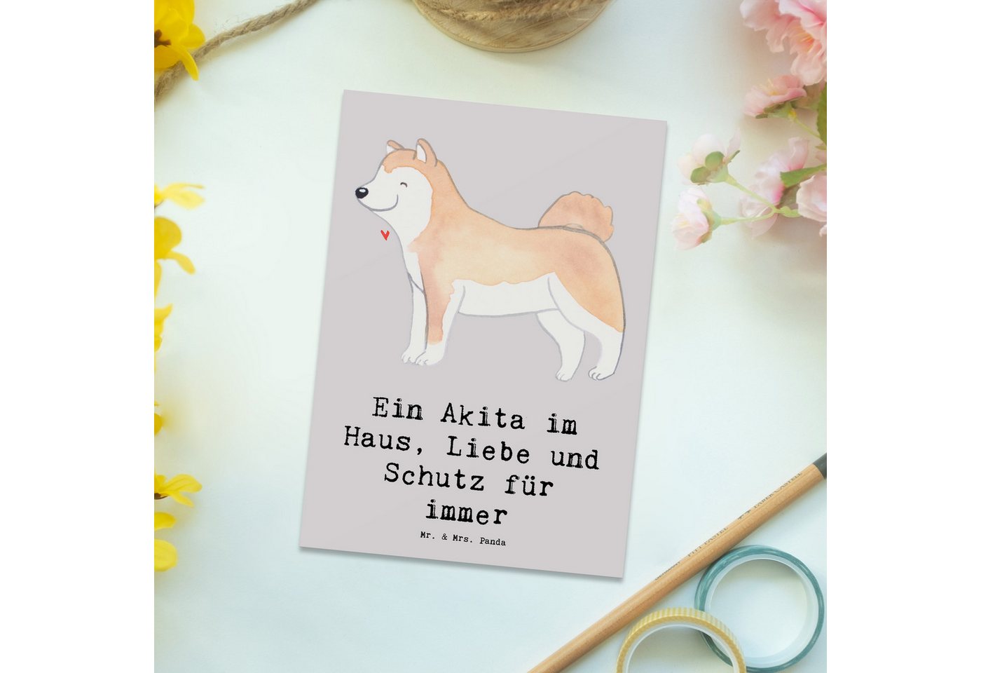 Thumbnail - Mr. & Mrs. Panda Postkarte Akita Inu Liebe - Grau Pastell - Geschenk, Loyaler Akita, Hund, Gesch