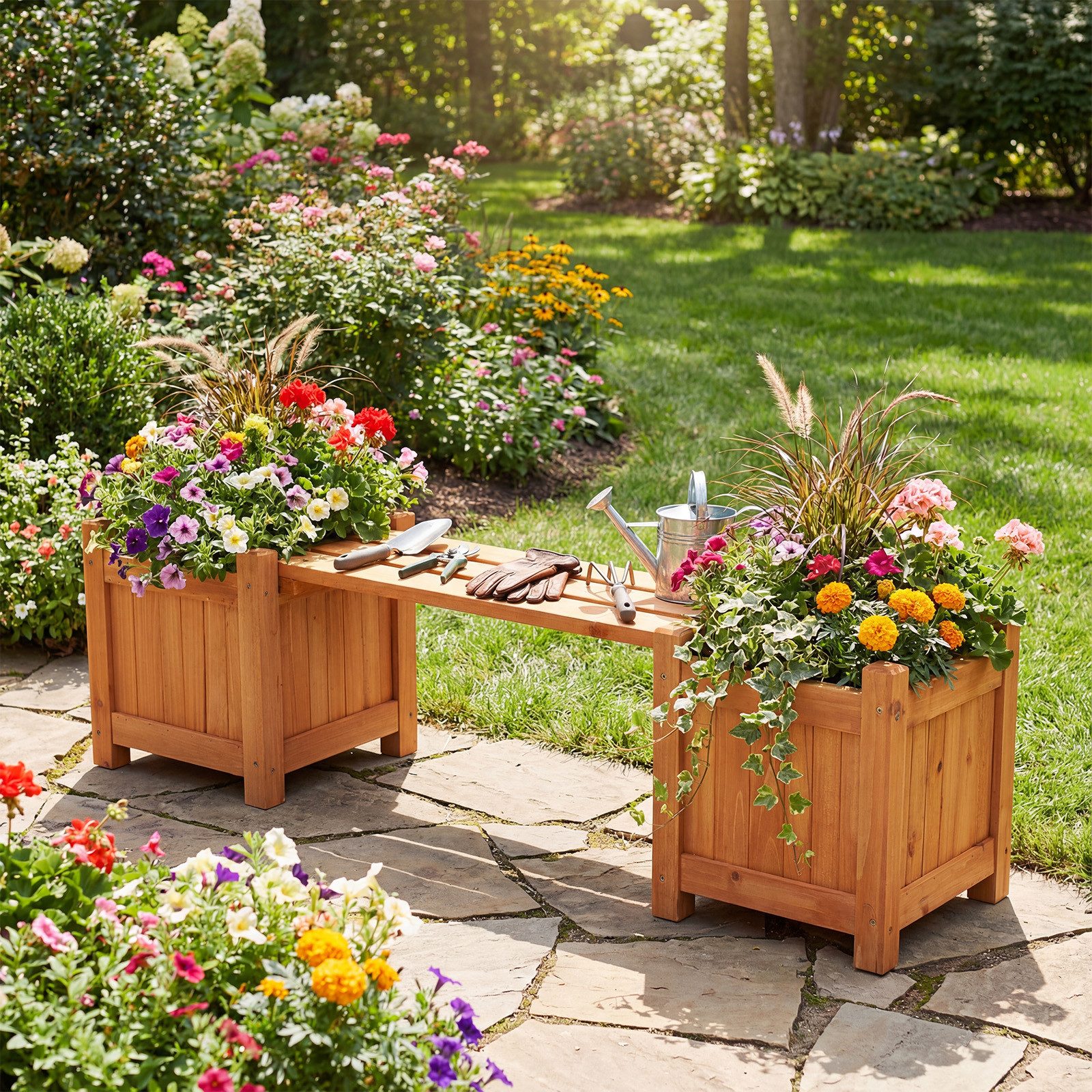 COSTWAY Blumenkasten (1 St), Holzbank mit 2 seitlichen Pflanzkästen, 2-Sitzer Sitzbank