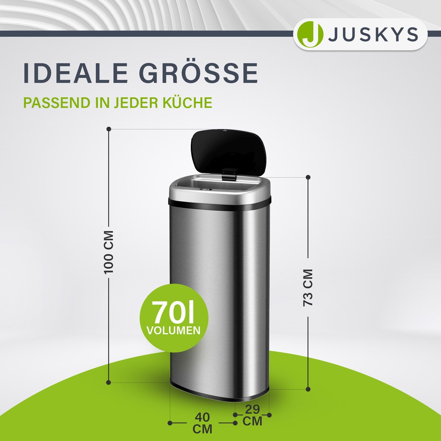 Juskys Mülleimer, 70 L, rostfrei, intelligenter Sensor, batteriebetrieben, geräuscharm