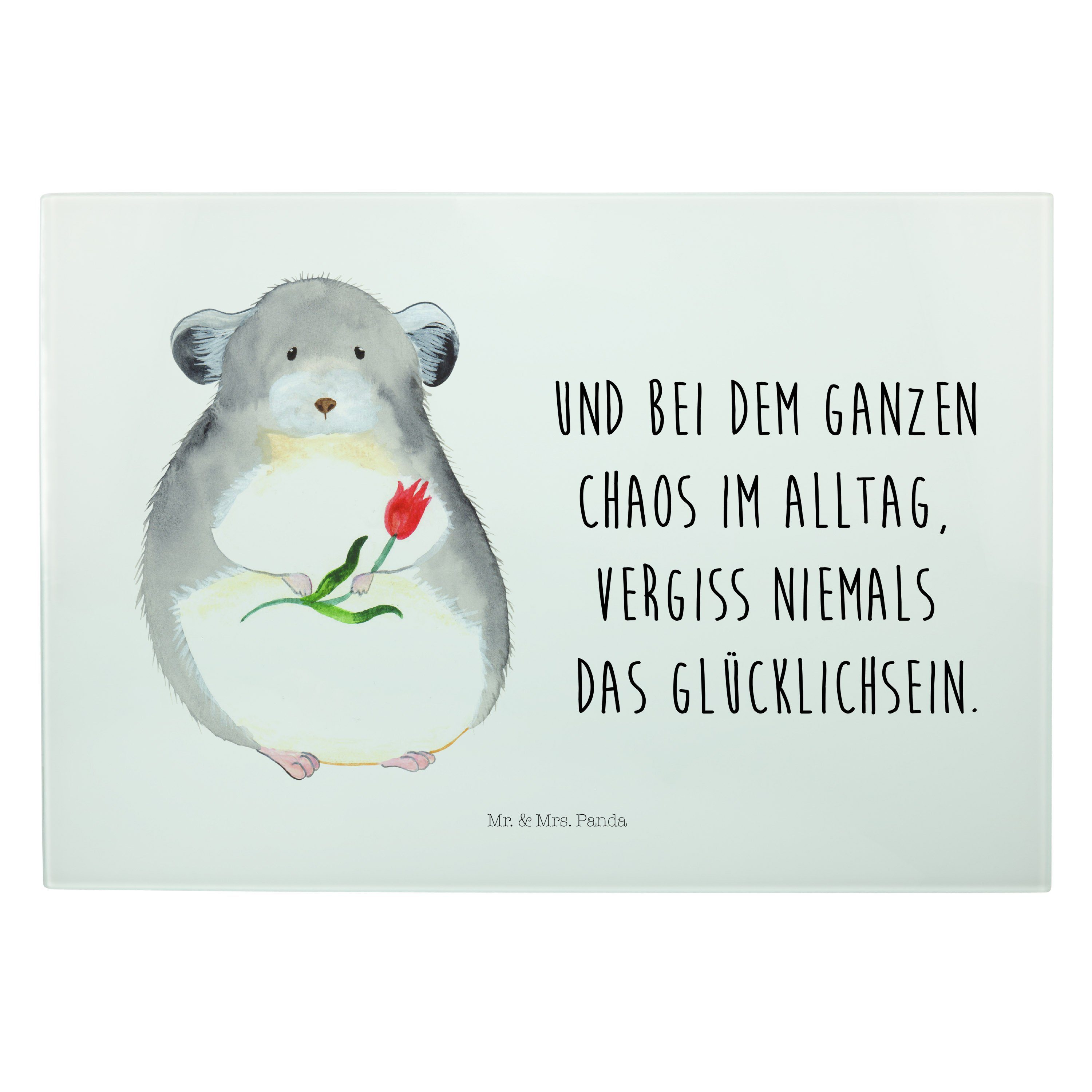 Mr. & Mrs. Panda Servierbrett Chinchilla mit Blume - Weiß - Geschenk, traurig sein, Tiermotive, Tie, Premium Glas, (1-St)