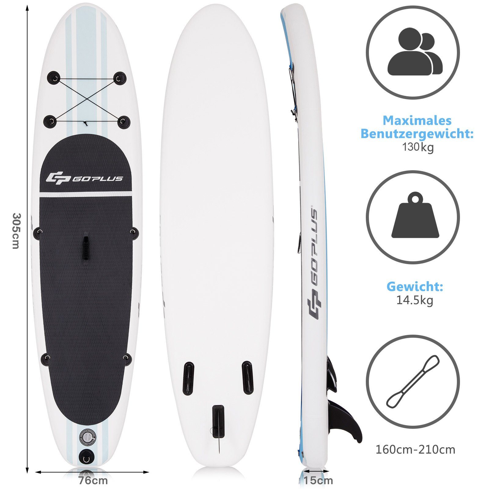 Stand Paddling Board, Up COSTWAY 150kg bis Sitz, mit SUP-Board weiß