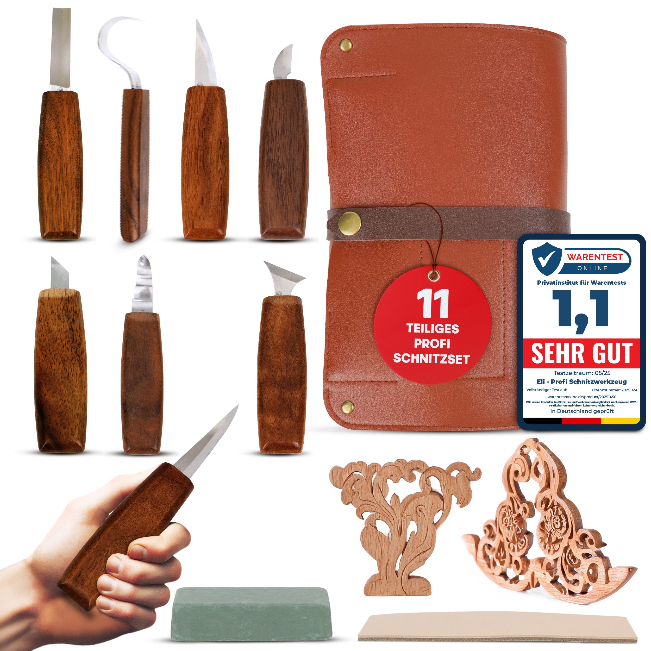 Eli Beitelsatz Schnitzwerkzeug Set - Holzwerkzeug - Schnitzset - Holzbearbeitung, (Profi - Set, 11-tlg., Perfekt für Handwerker - Holzliebhaber), rostfreier Stahl - hochwertige Walnussholzgriffe - Beidhändig