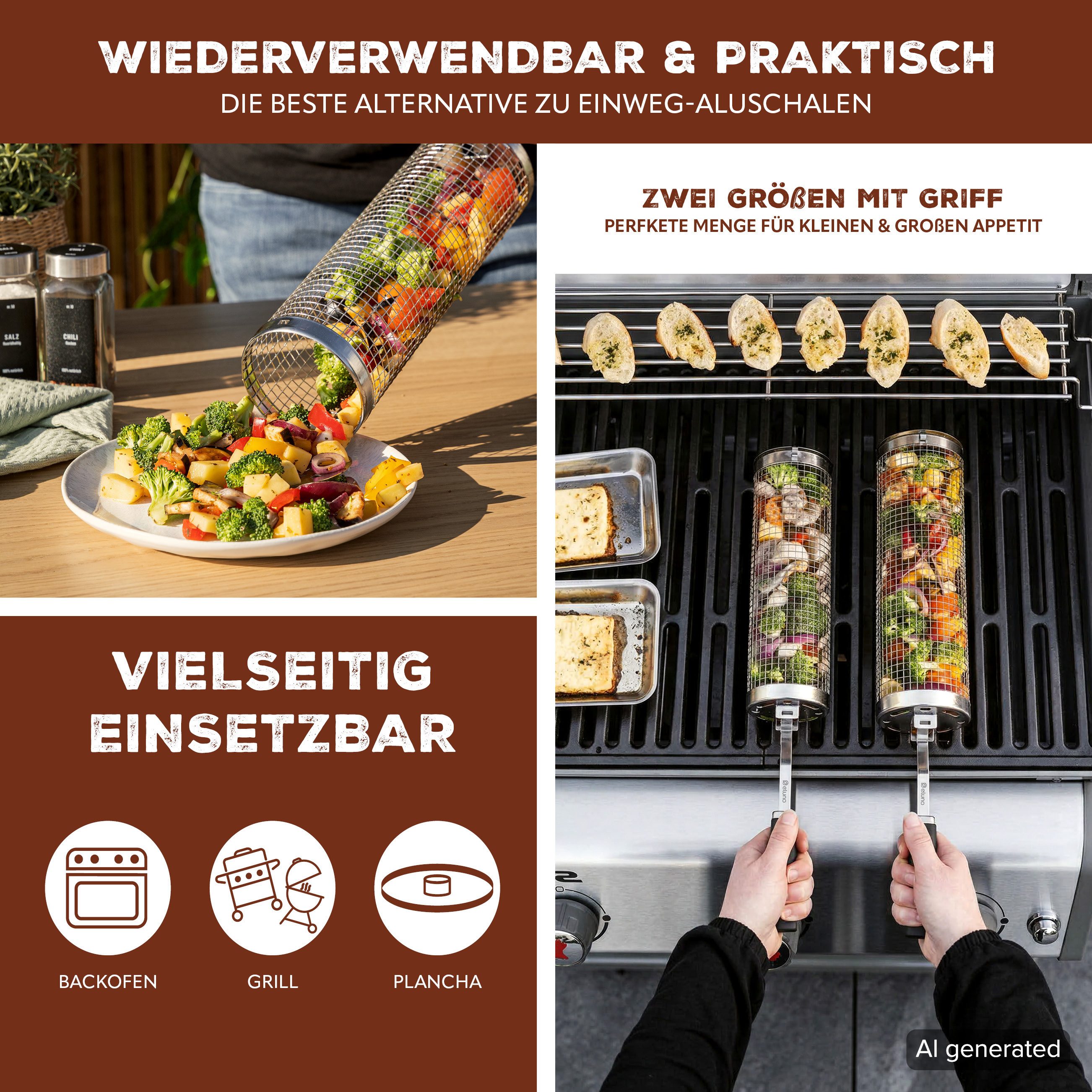 eluno Grillplatte Grillkörbe 2er Set aus Edelstahl (2-St., unterschiedliche Größen), abnehmbare Griffe – Bild 3 von 5