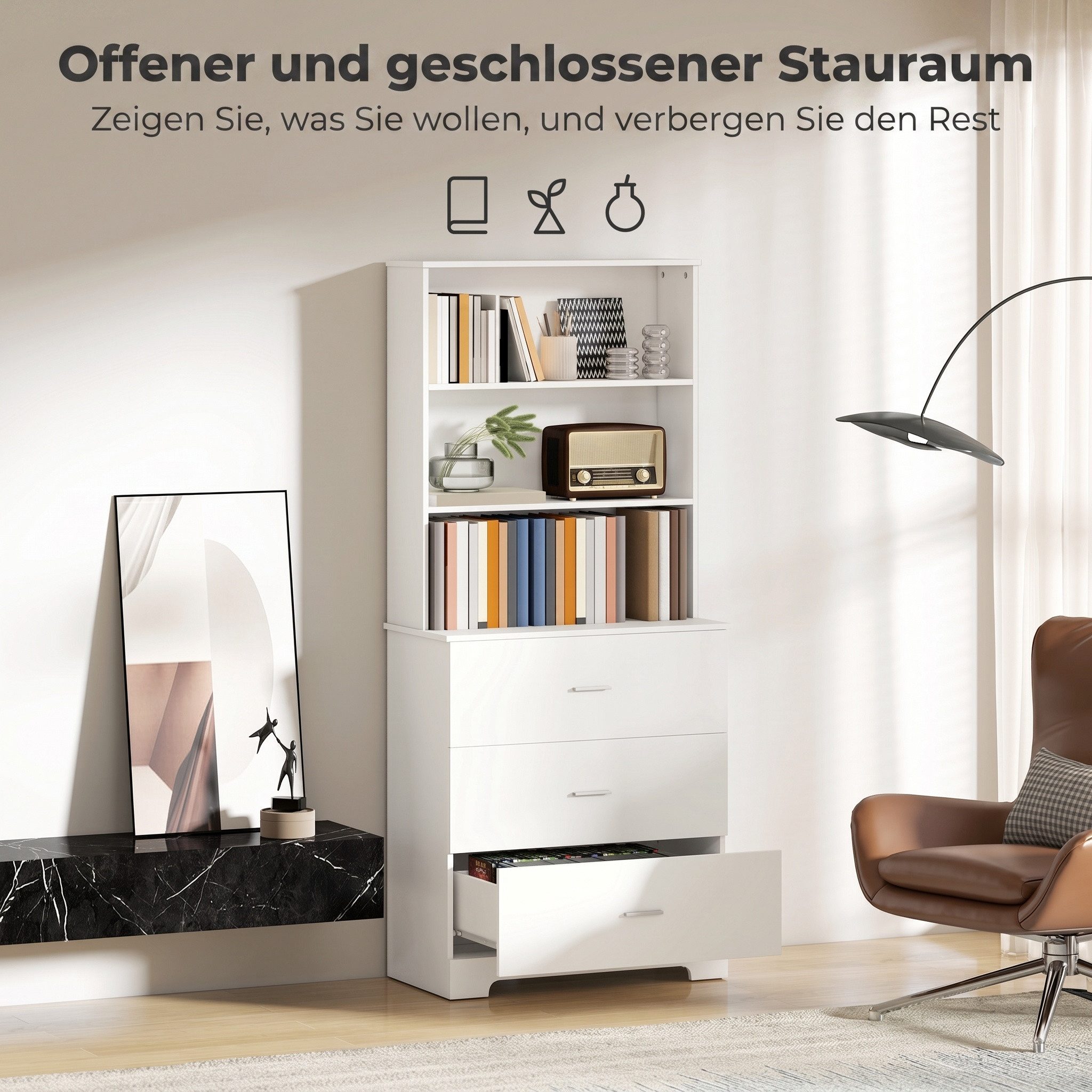 HOMCOM Bücherregal Hochschrank Vitrinenschrank mit 3 Schubladen, 3 offenen Regalen, Bücherschrank 180 cm 1-tlg., für Wohnzimmer, Büro, Weiß – Bild 4 von 5